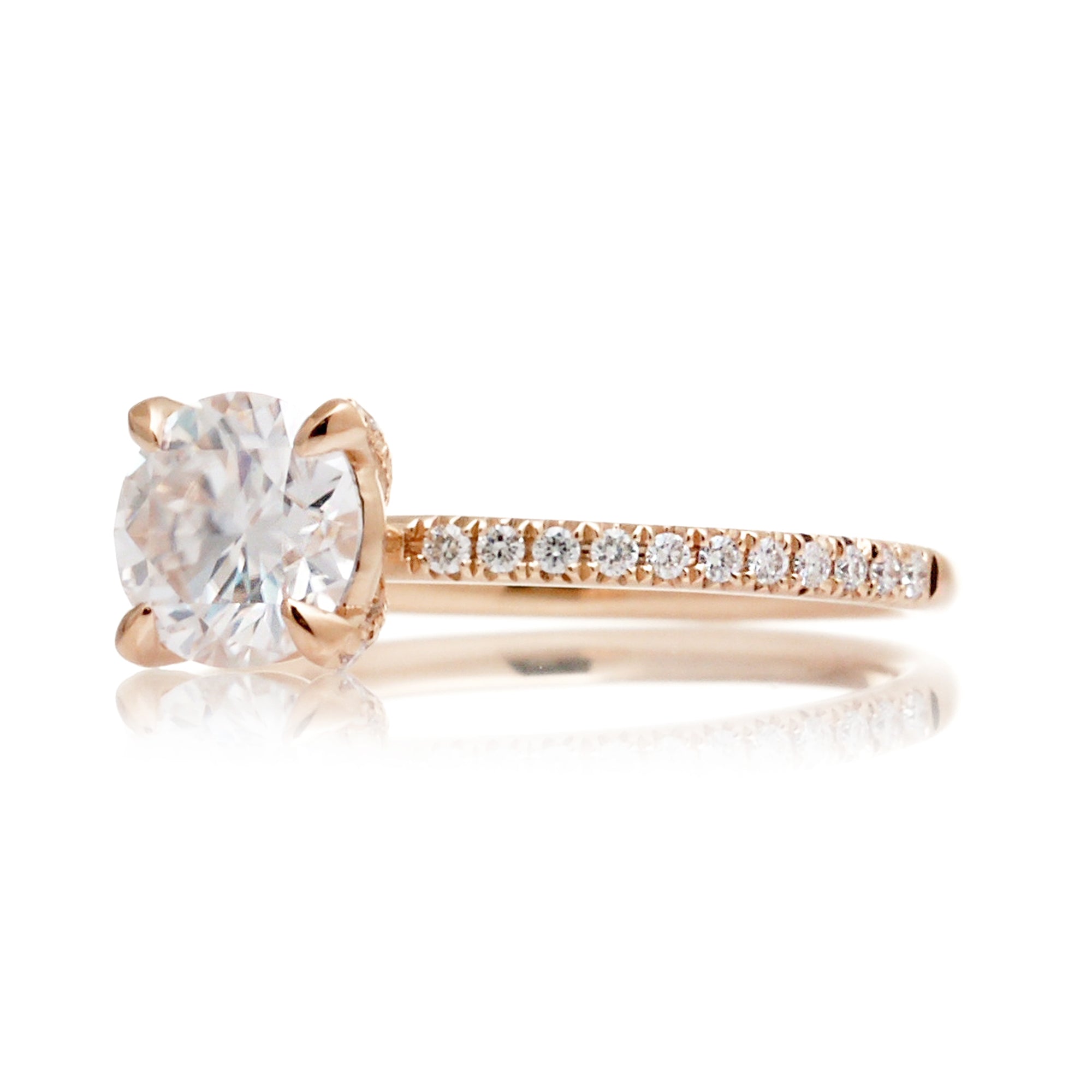 Round brilliant cut moissanite diamond band engagement ring rose gold - The Ava