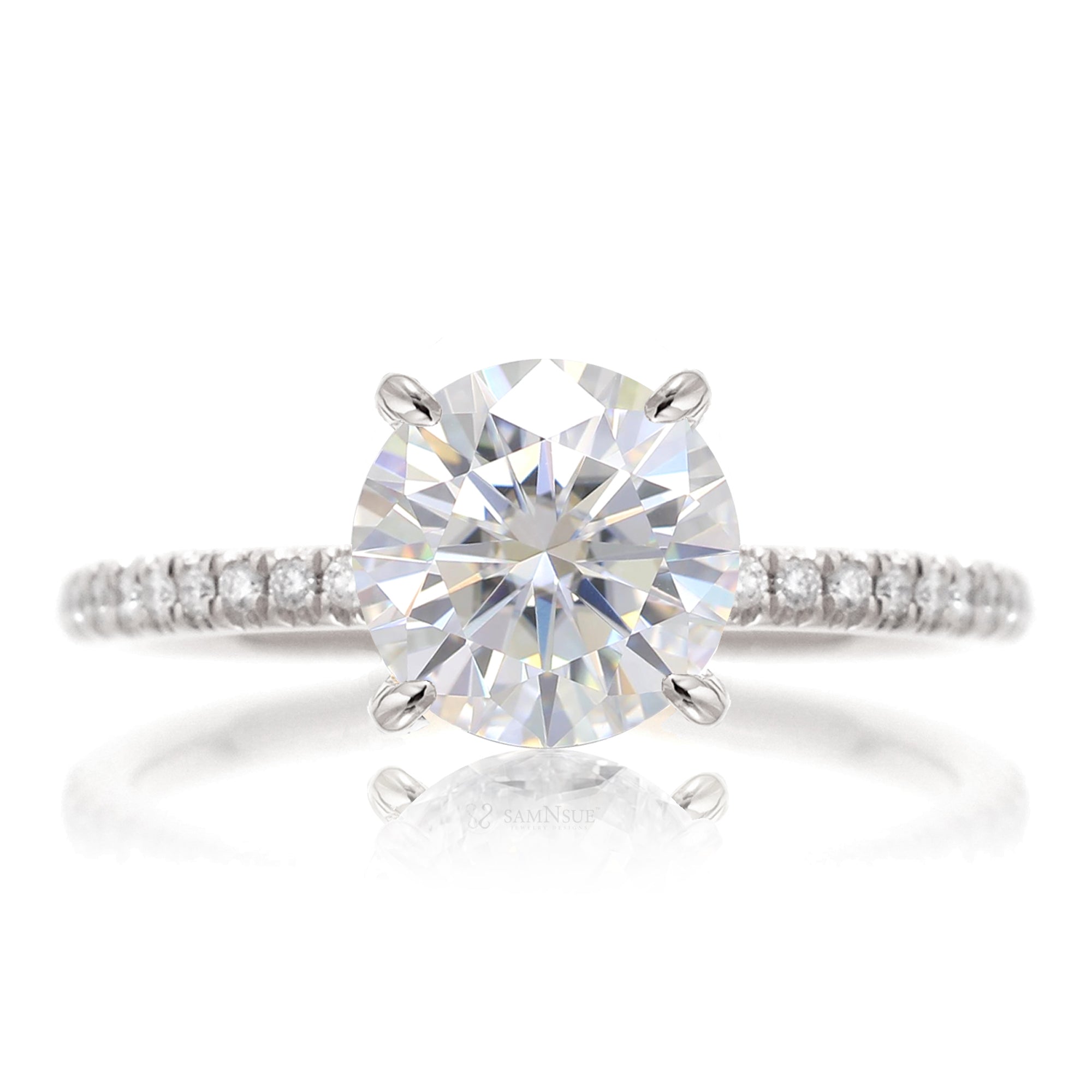 Round brilliant cut moissanite diamond band engagement ring white gold - The Ava