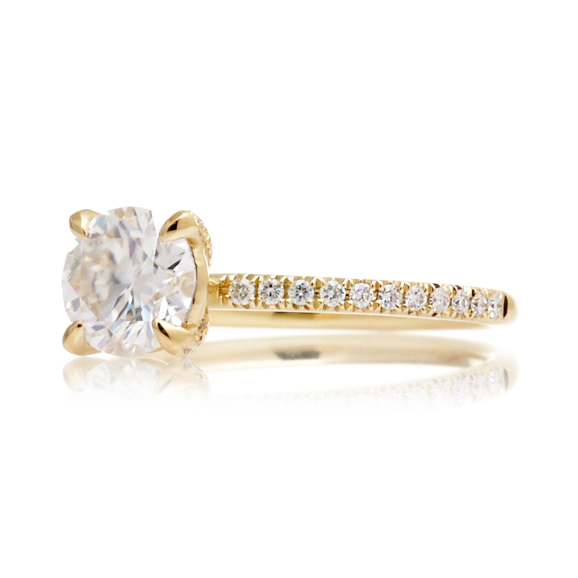 Round brilliant cut moissanite diamond band engagement ring yellow gold - The Ava