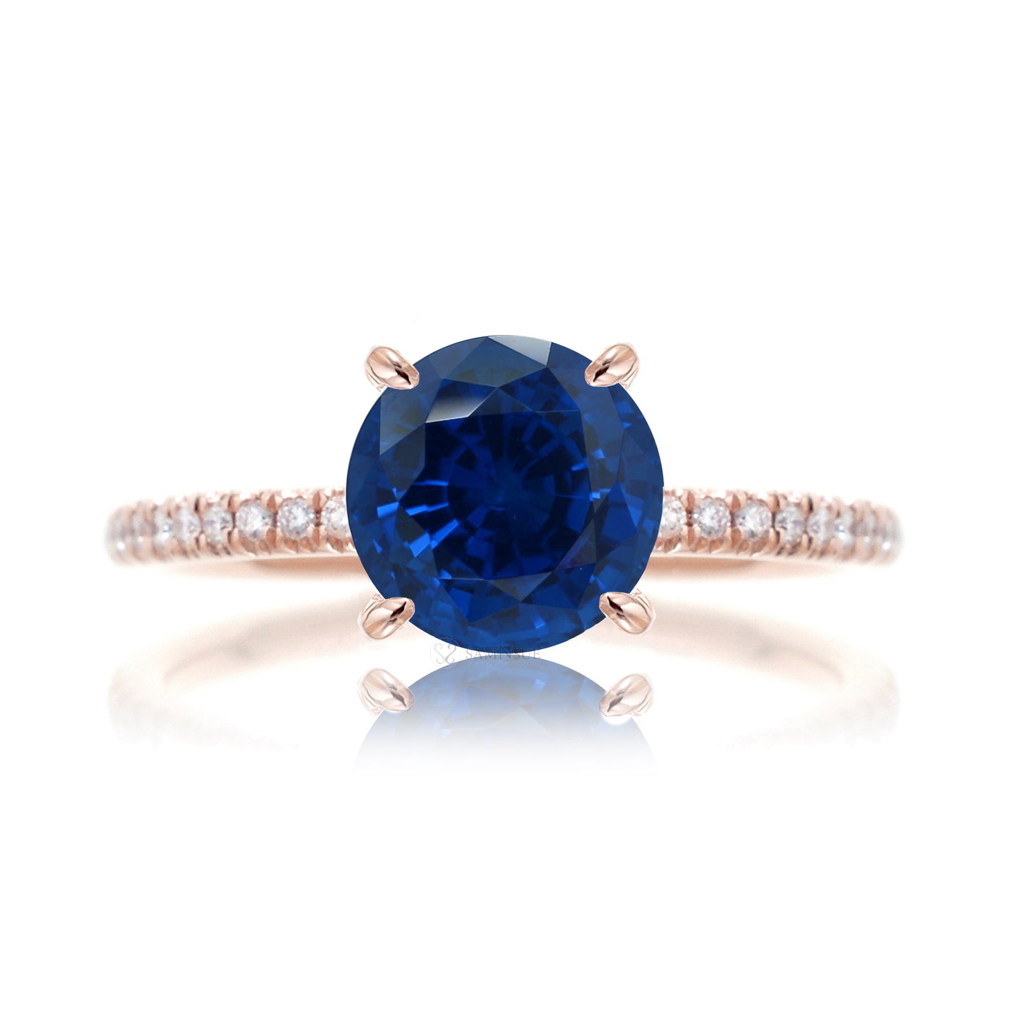 Round blue sapphire diamond band engagement ring rose gold - the Ava