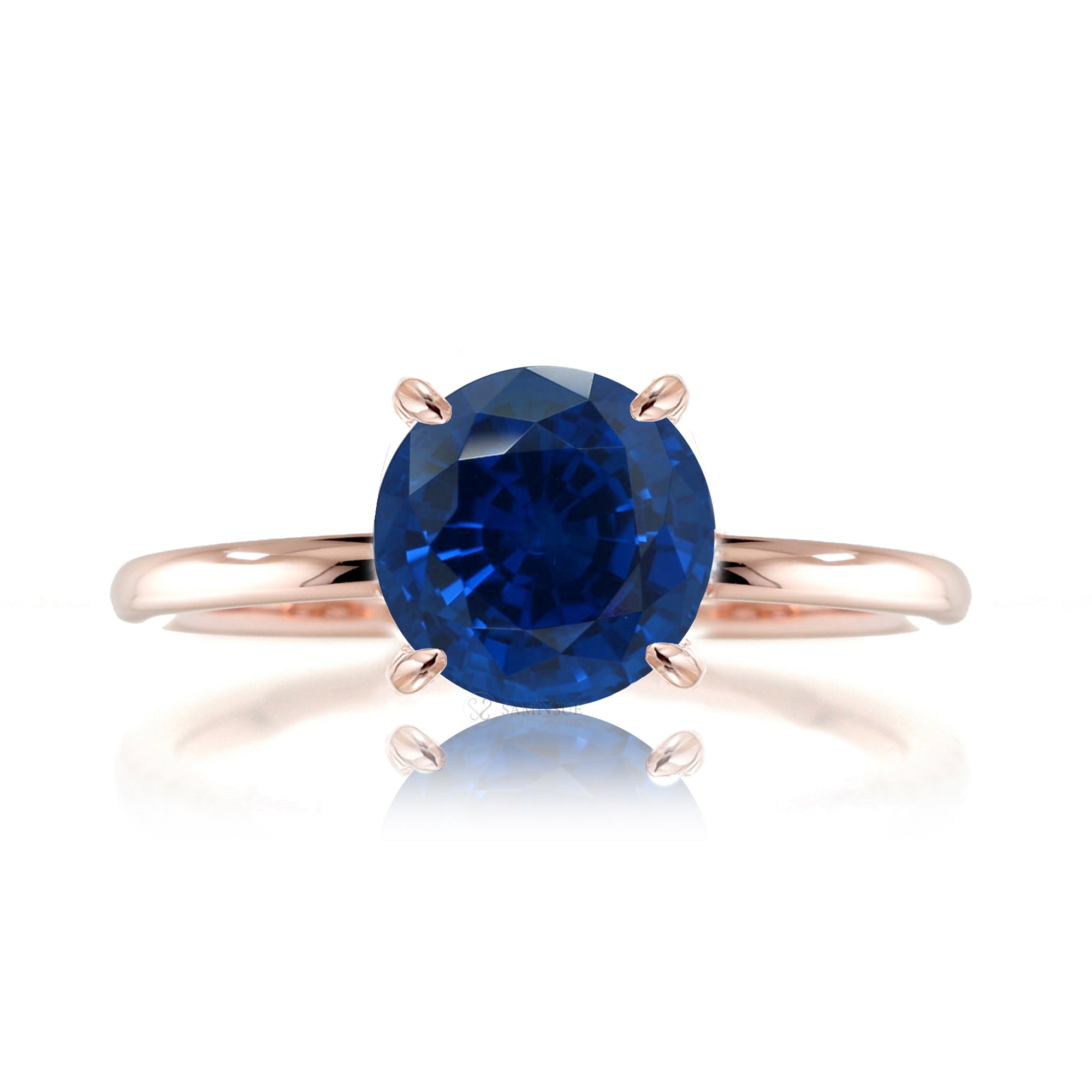 Round blue sapphire solid band engagement ring rose  gold - the Ava