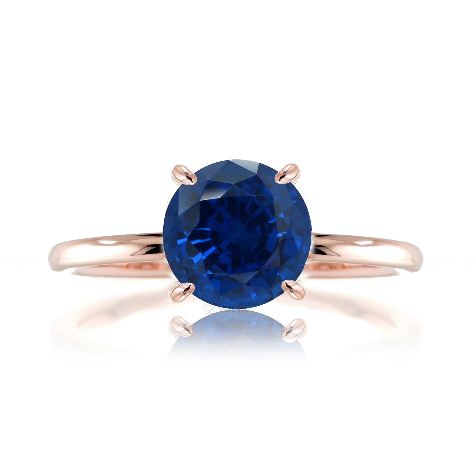 Round blue sapphire solid band engagement ring rose gold - the Ava