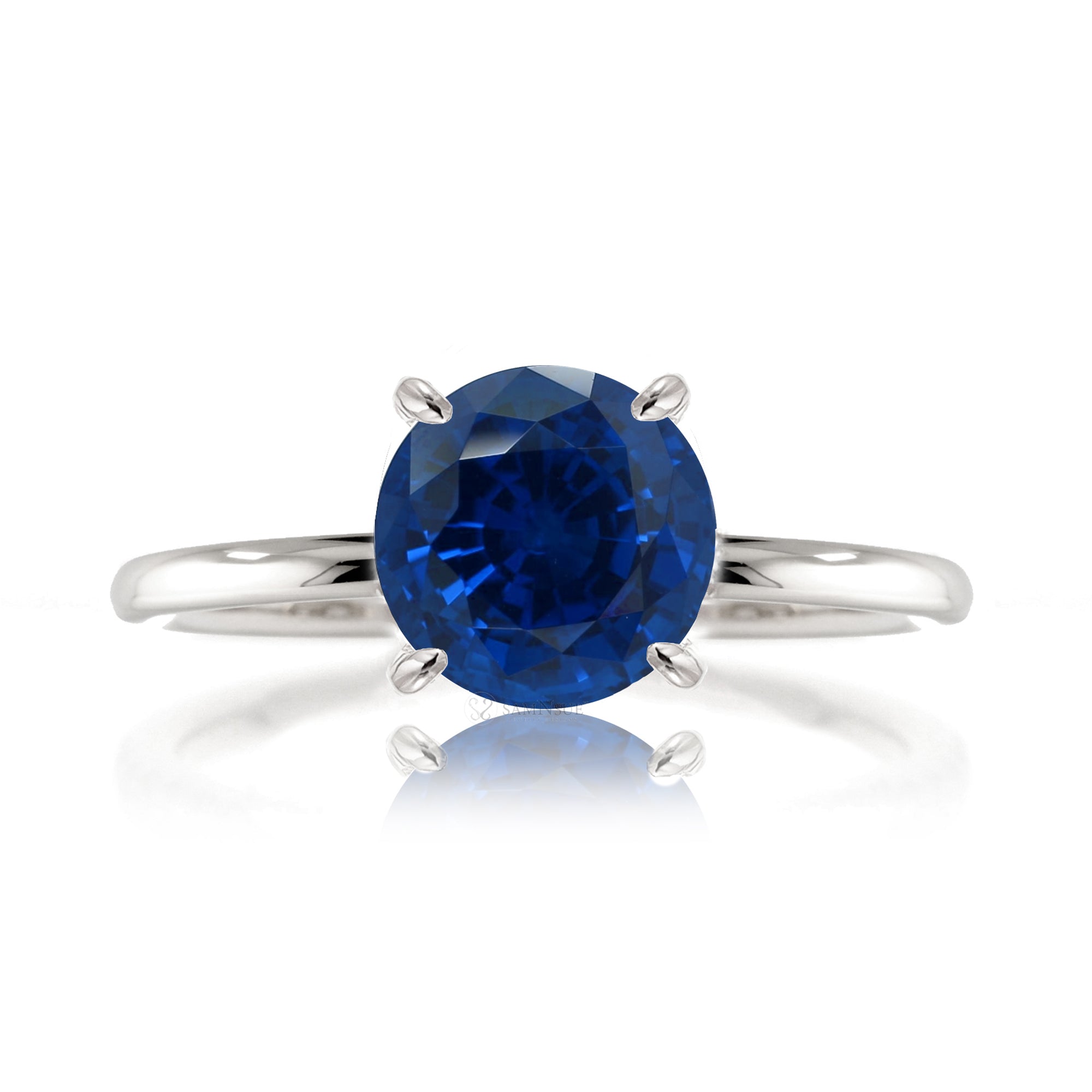Round blue sapphire solid band engagement ring white gold - the Ava