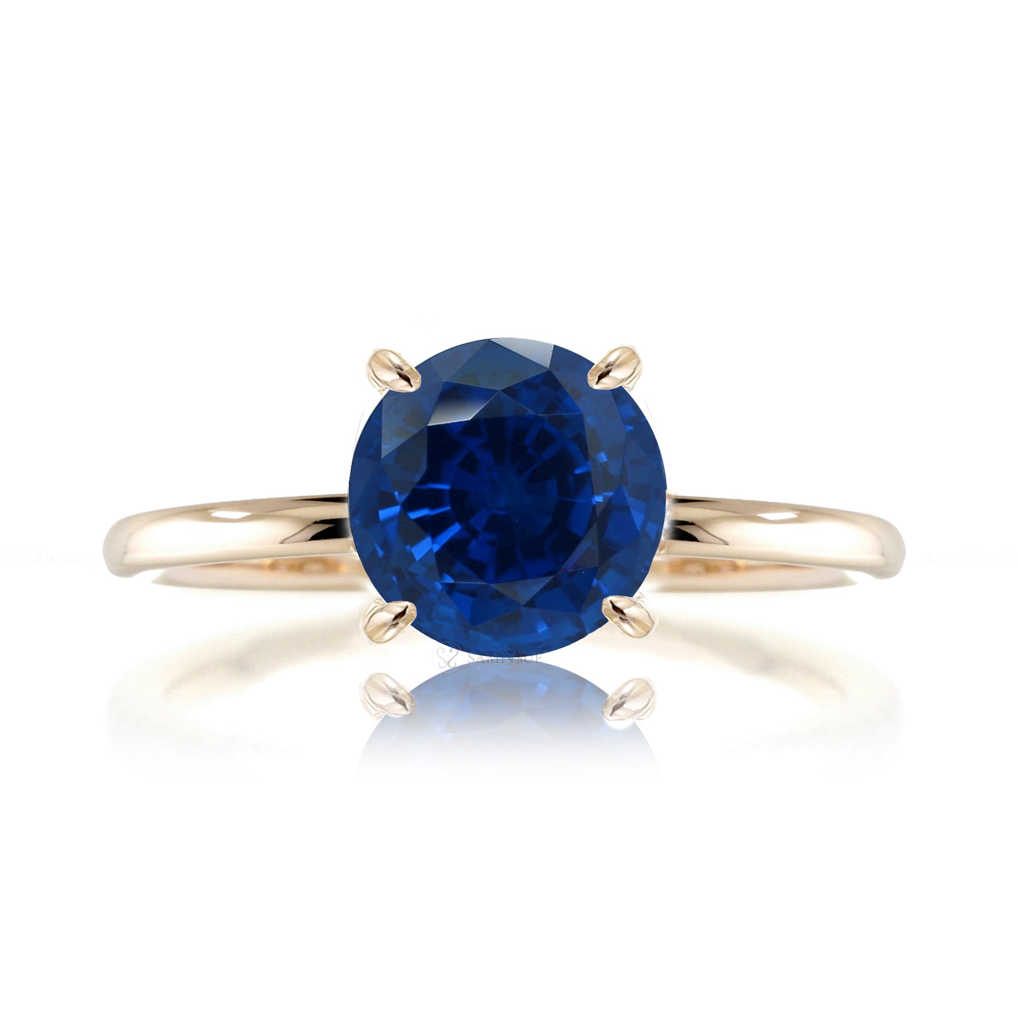 Round blue sapphire solid band engagement ring yellow gold - the Ava