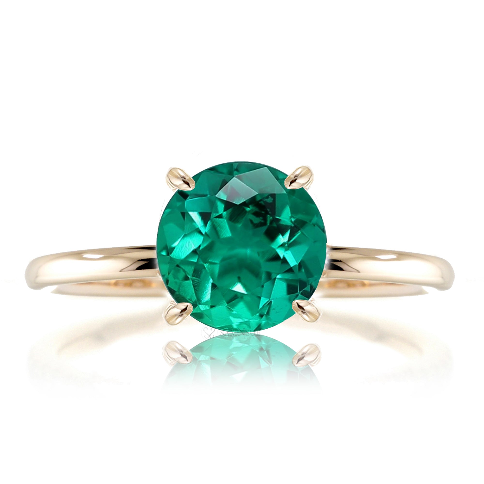 Round green emerald solid band engagement ring yellow gold - the Ava