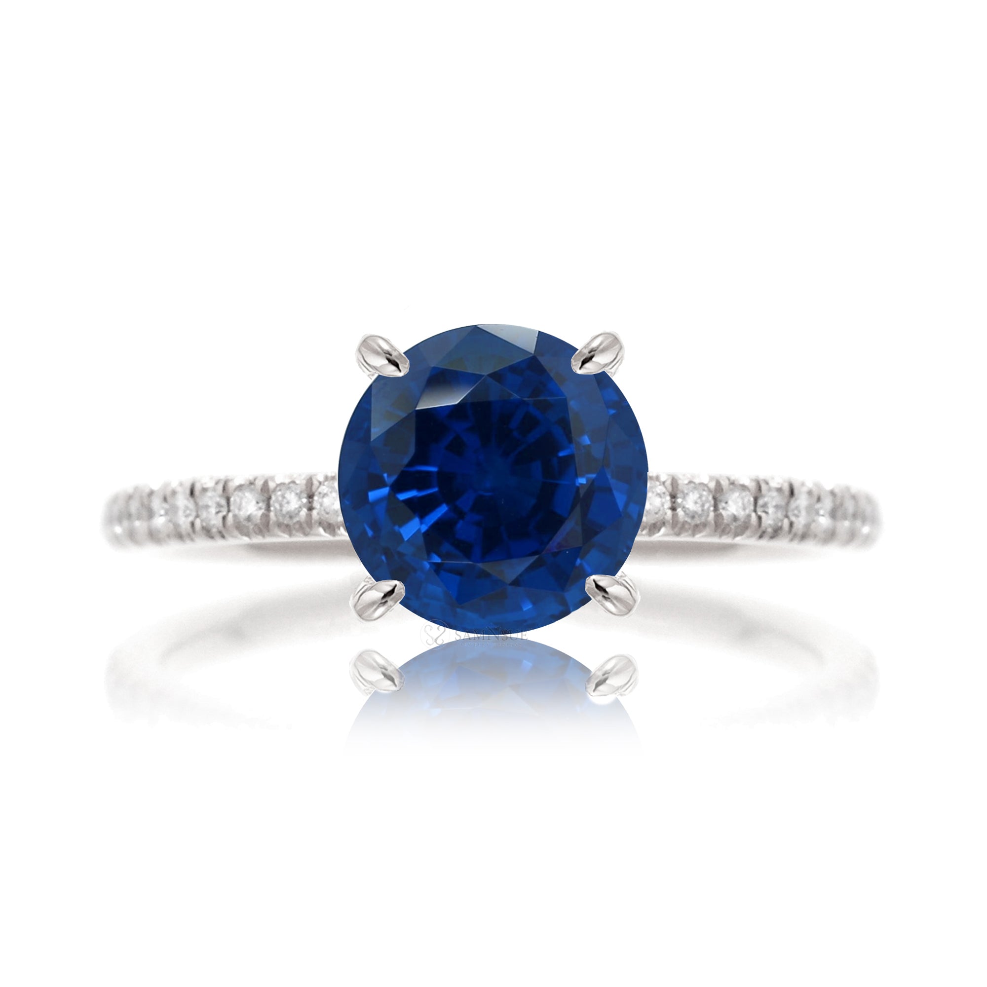 Round blue sapphire diamond band engagement ring white gold - the Ava