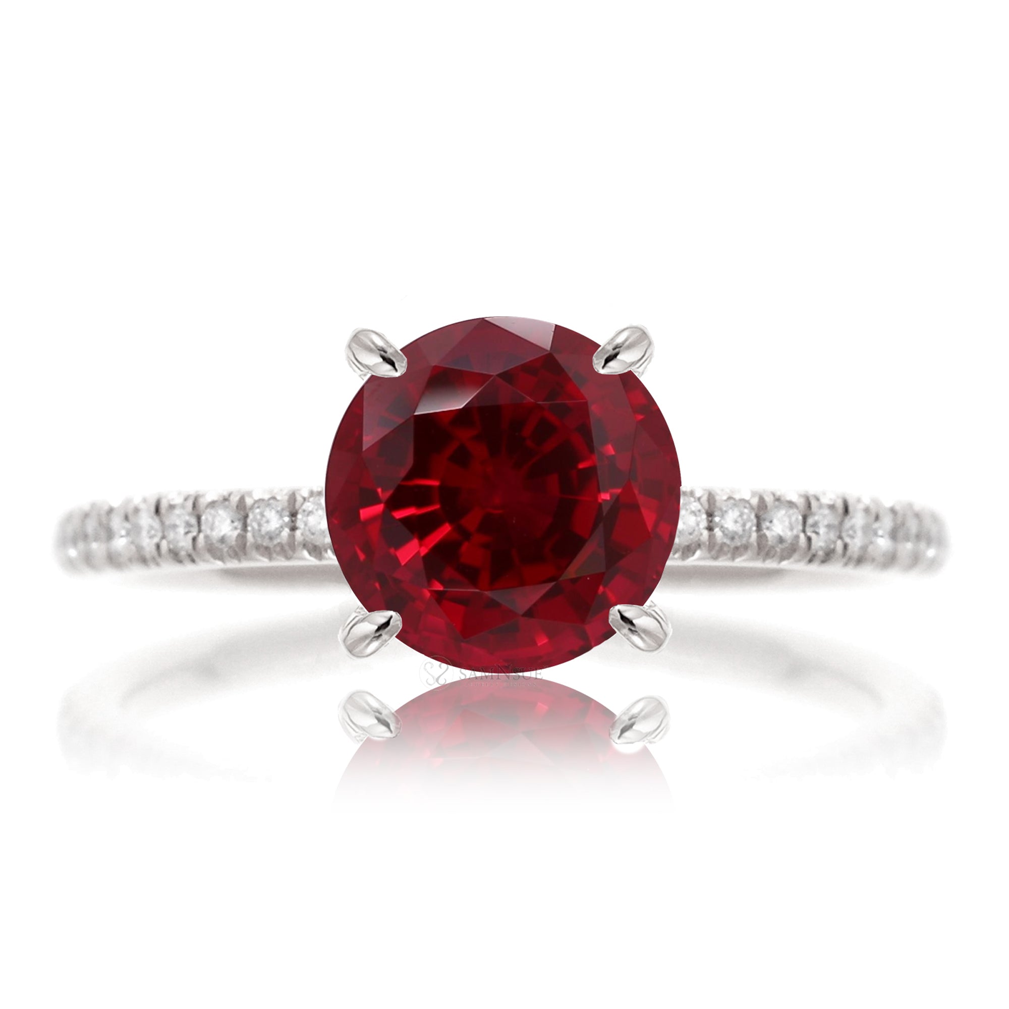Round cut lab ruby engagement ring diamond band white gold - the Ava