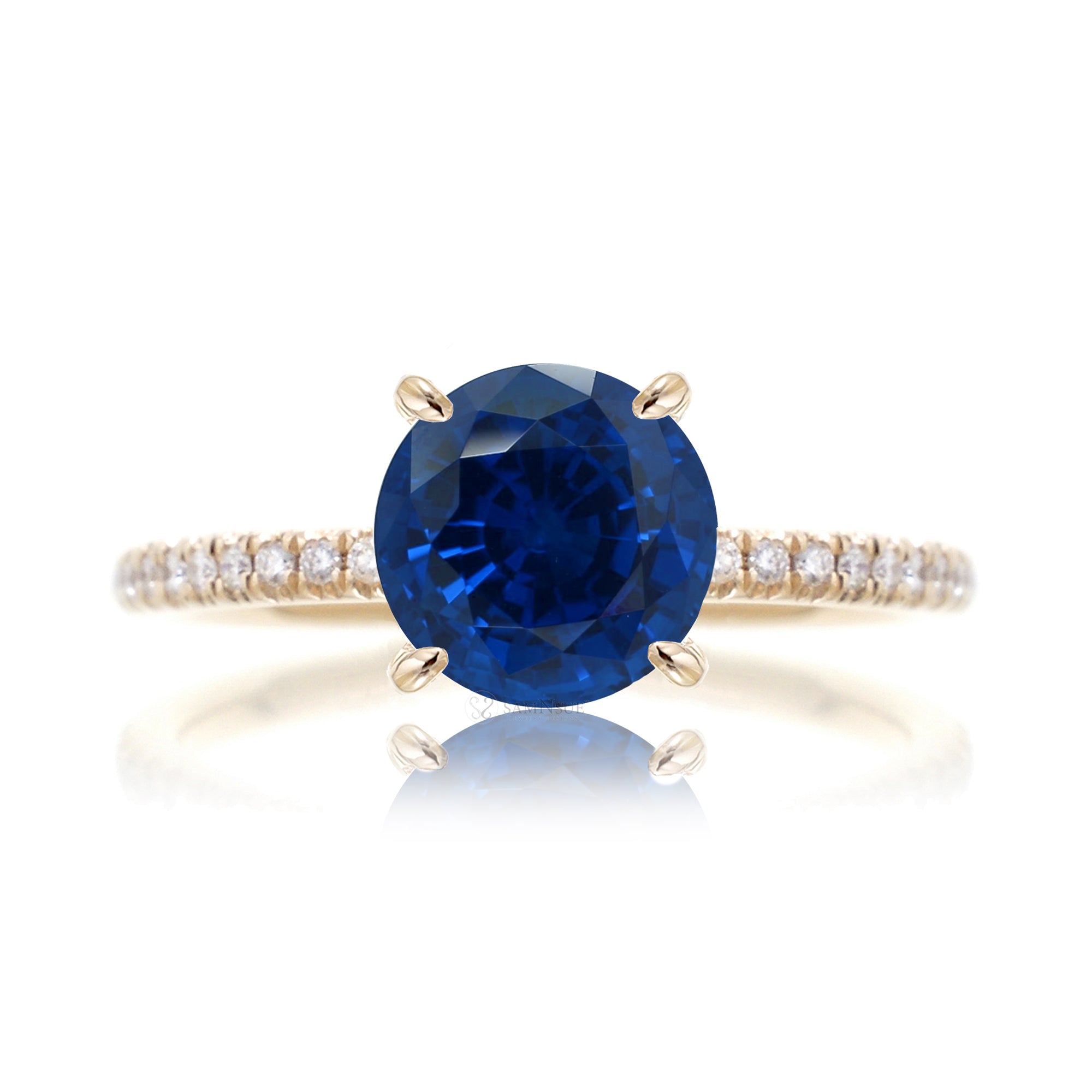Round blue sapphire diamond band engagement ring yellow gold - the Ava