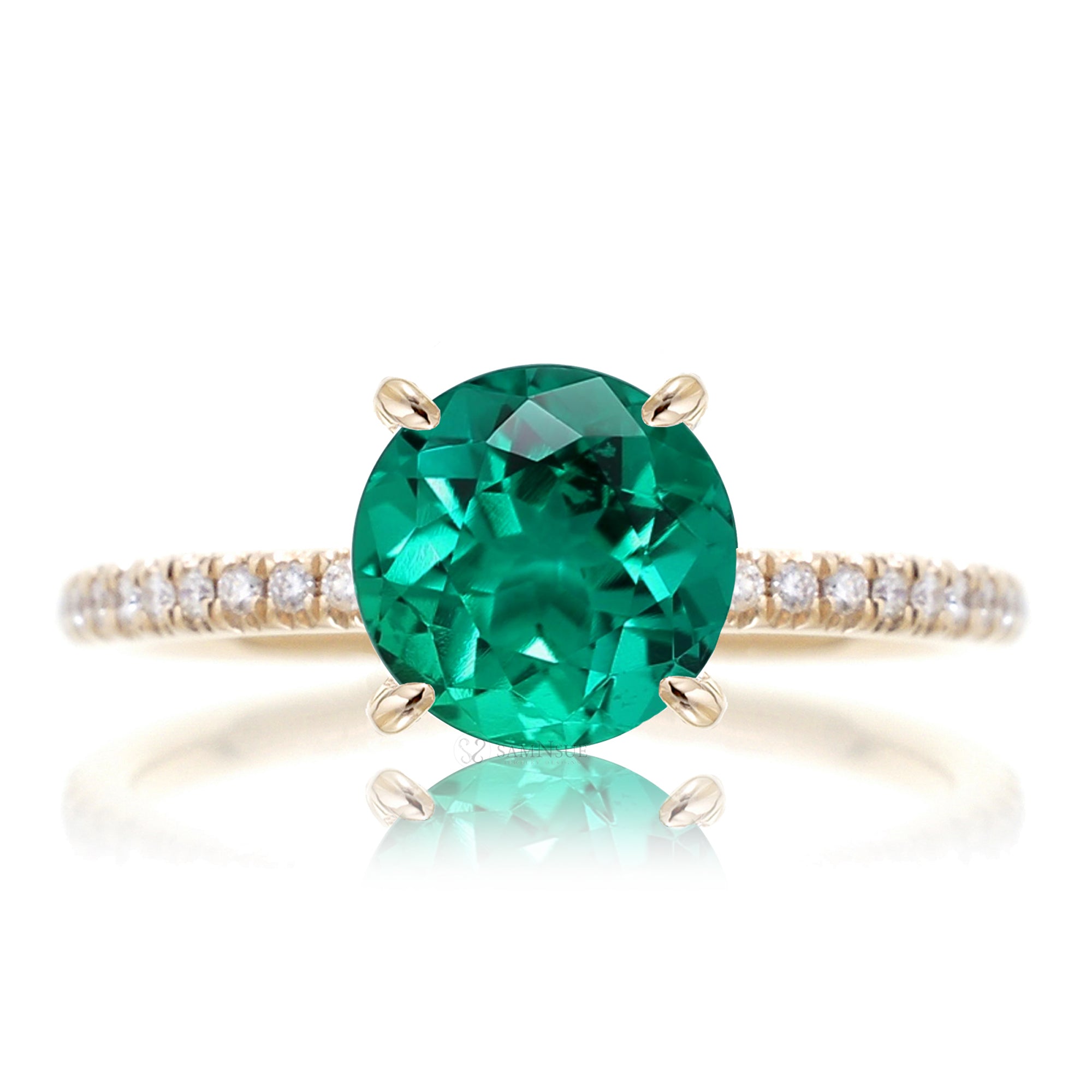 Round green emerald diamond band engagement ring yellow gold - the Ava