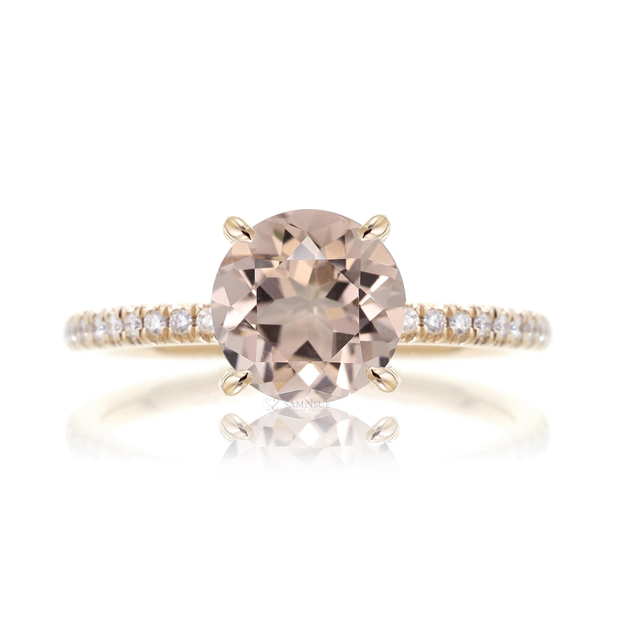 Round morganite diamond band engagement ring yellow gold - The Ava