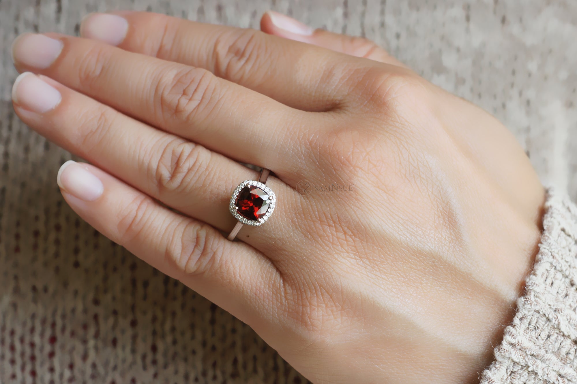 The Chelvy Cushion Garnet Ring (7x7mm)