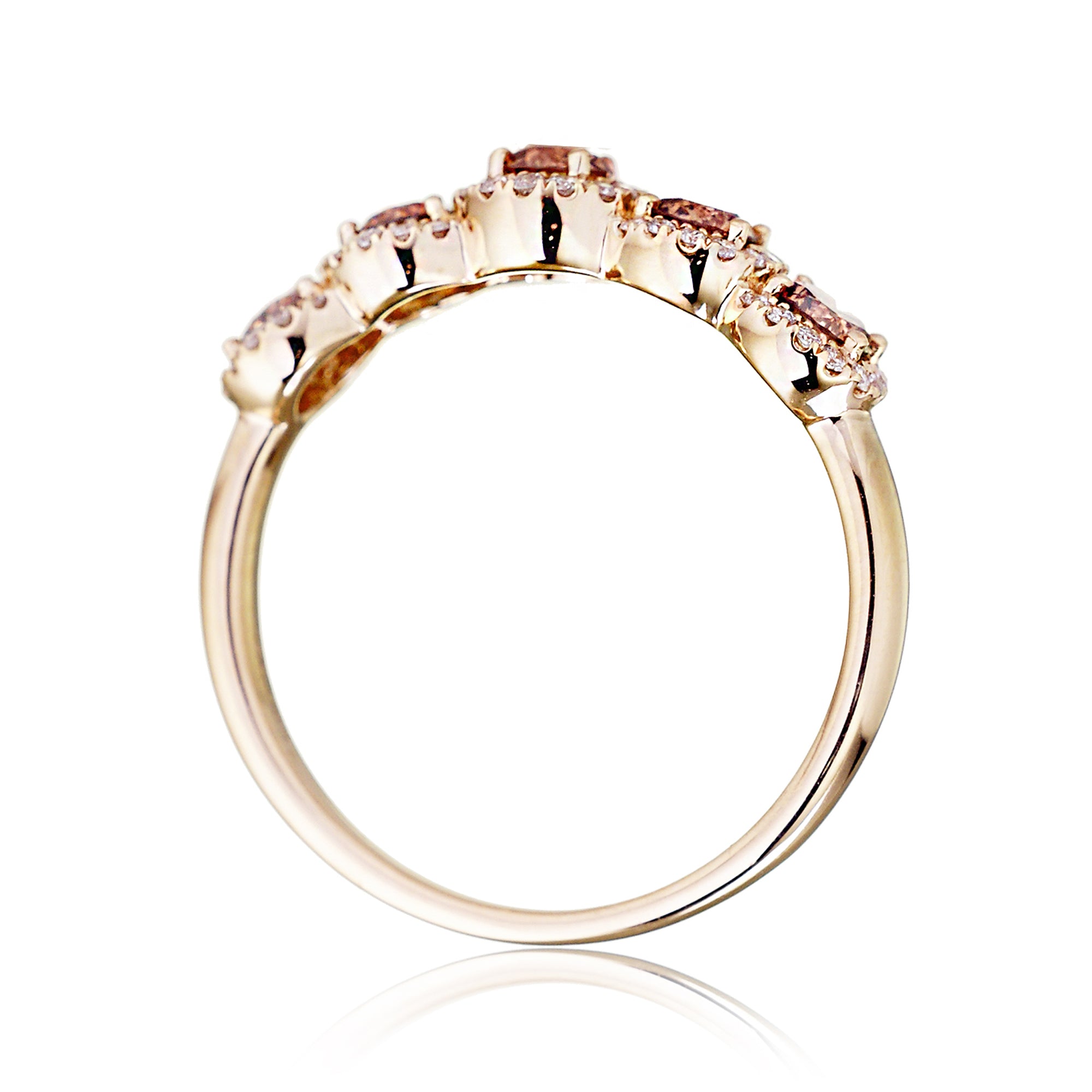 Five stone champagne diamond anniversary band in yellow gold side view