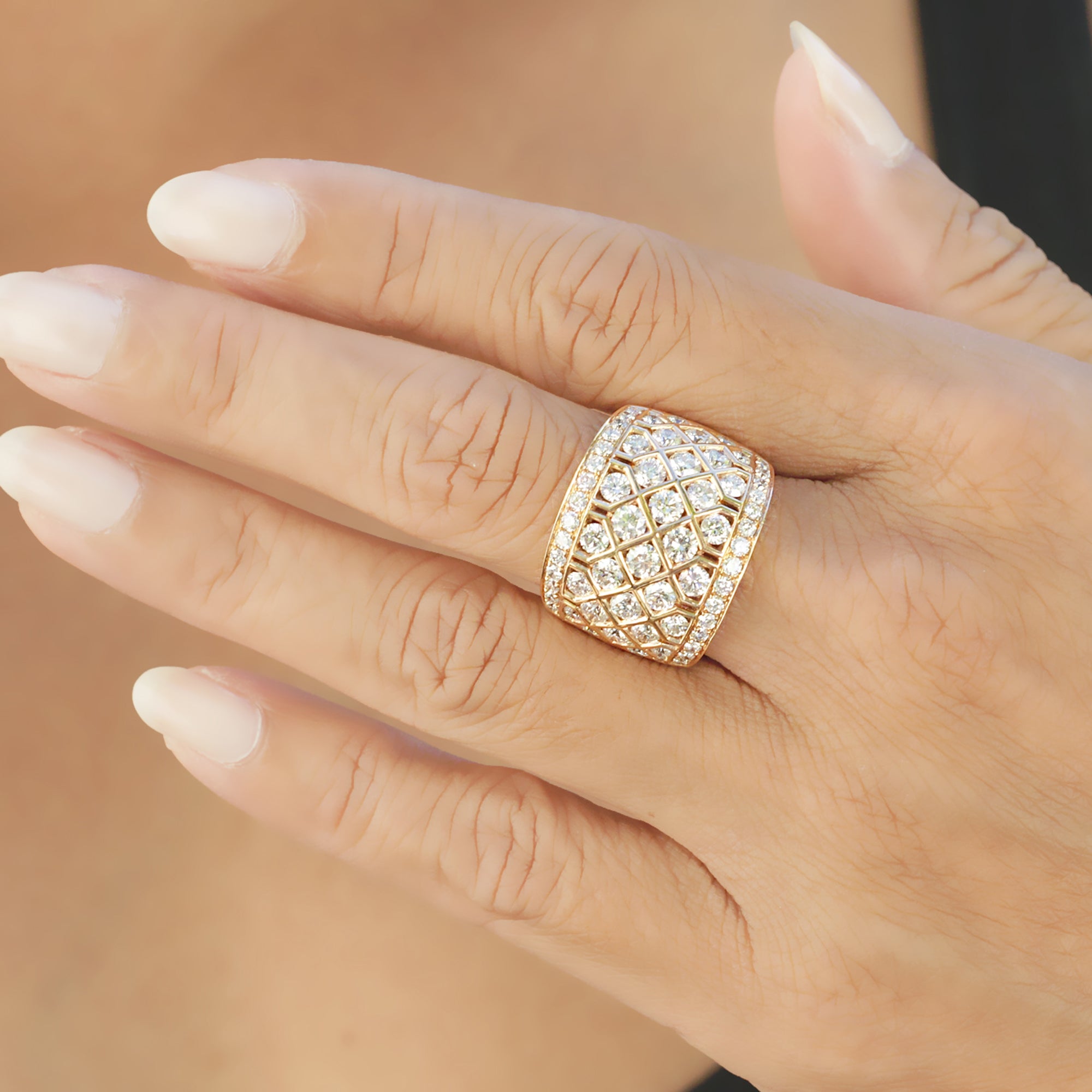 Large cocktail diamond band with pineapple pattern in rose gold