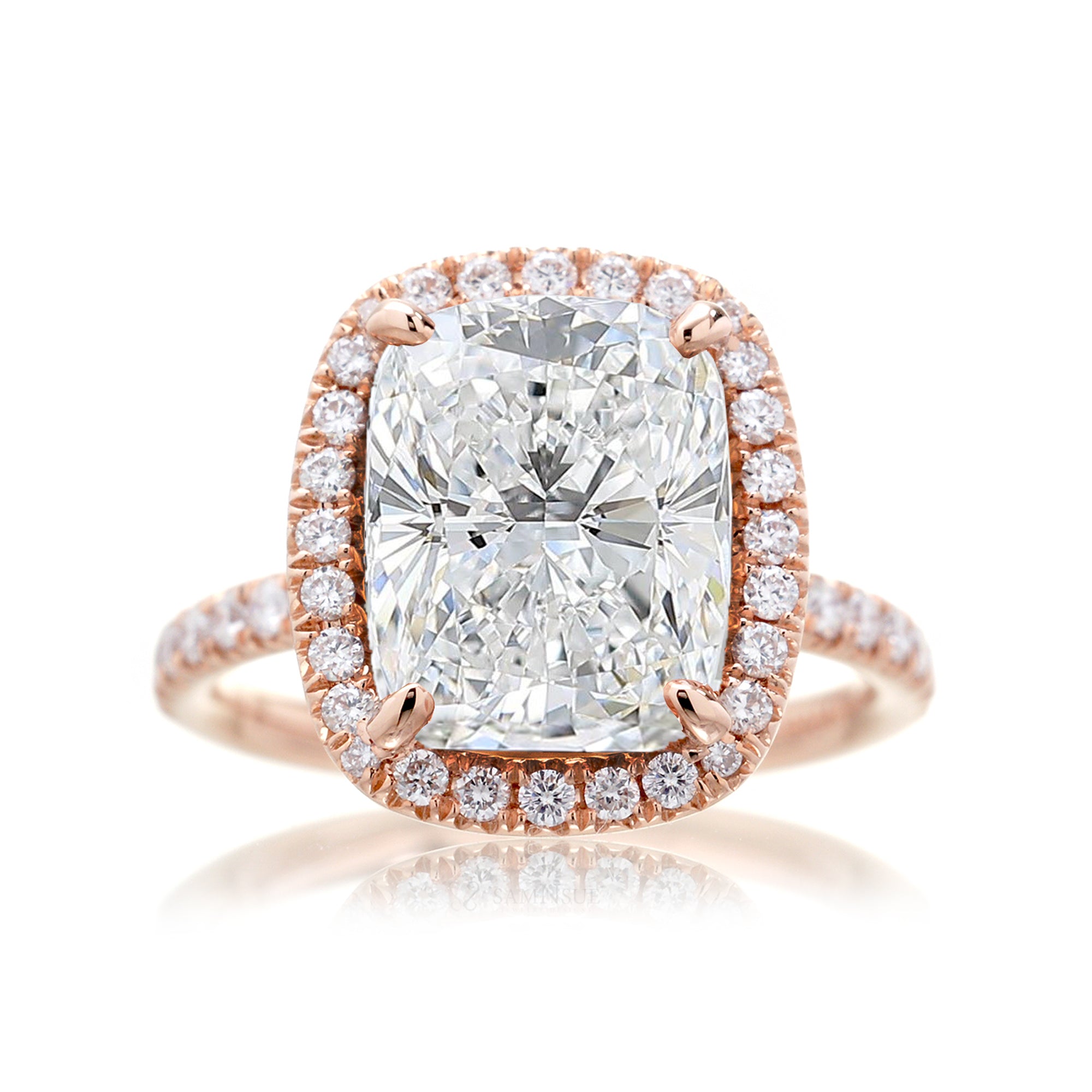 Cushion cut diamond engagement ring with halo The Drenched rose gold