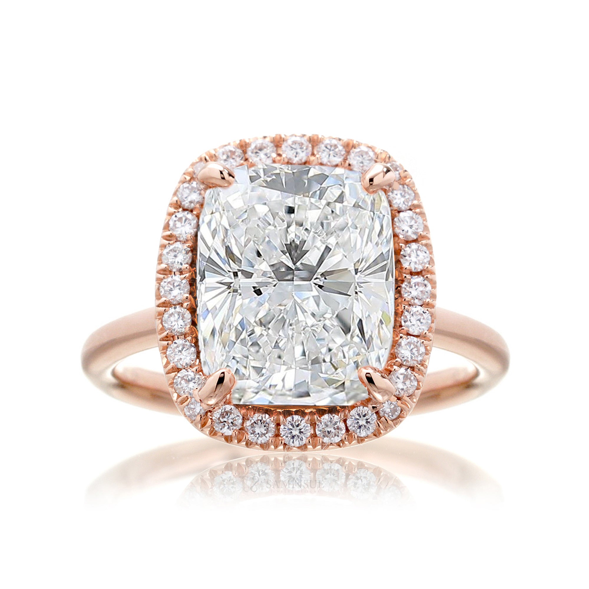 Cushion cut diamond engagement ring with halo The Drenched rose gold solid band