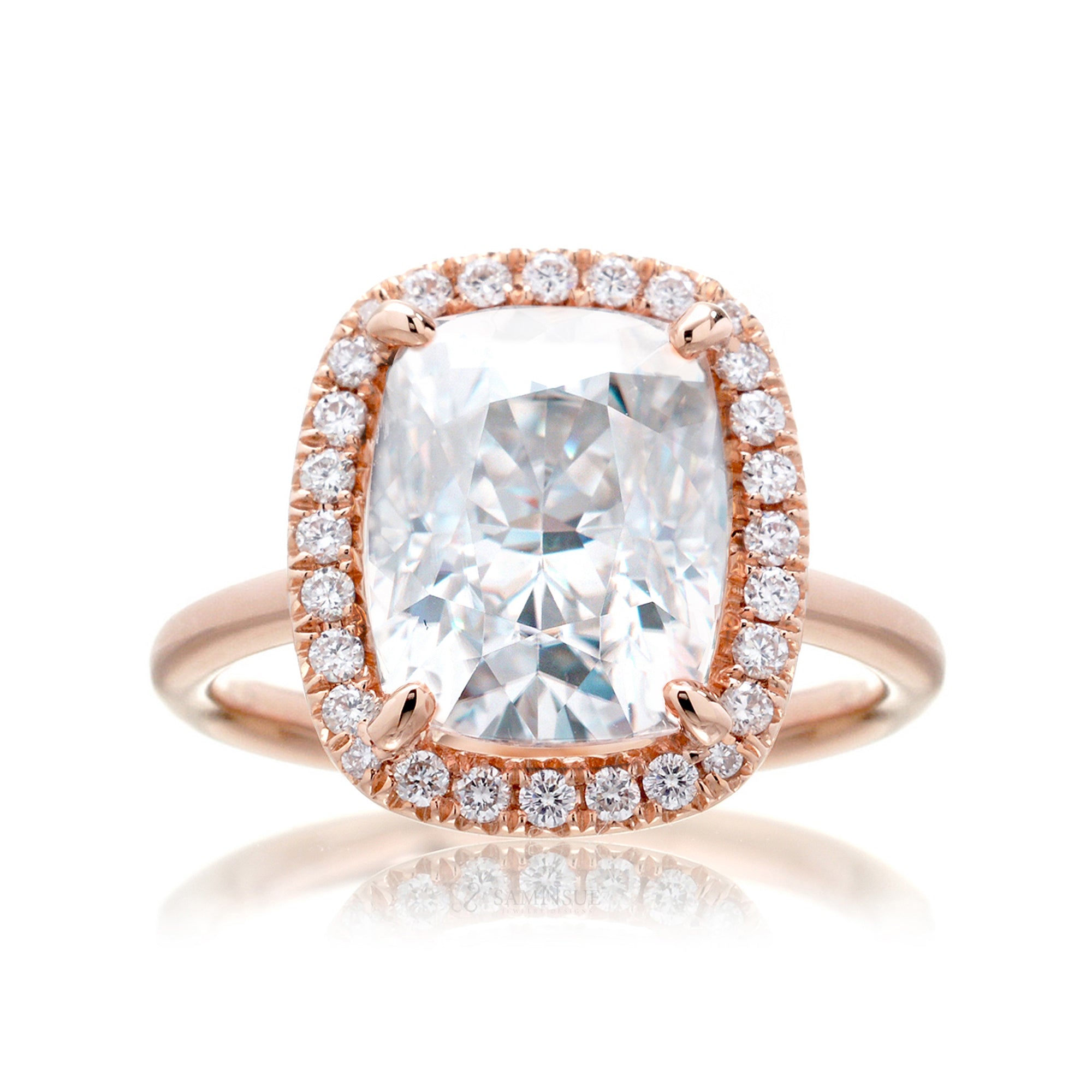 Cushion moissanite and diamond halo ring with a solid band in rose gold - the drenched