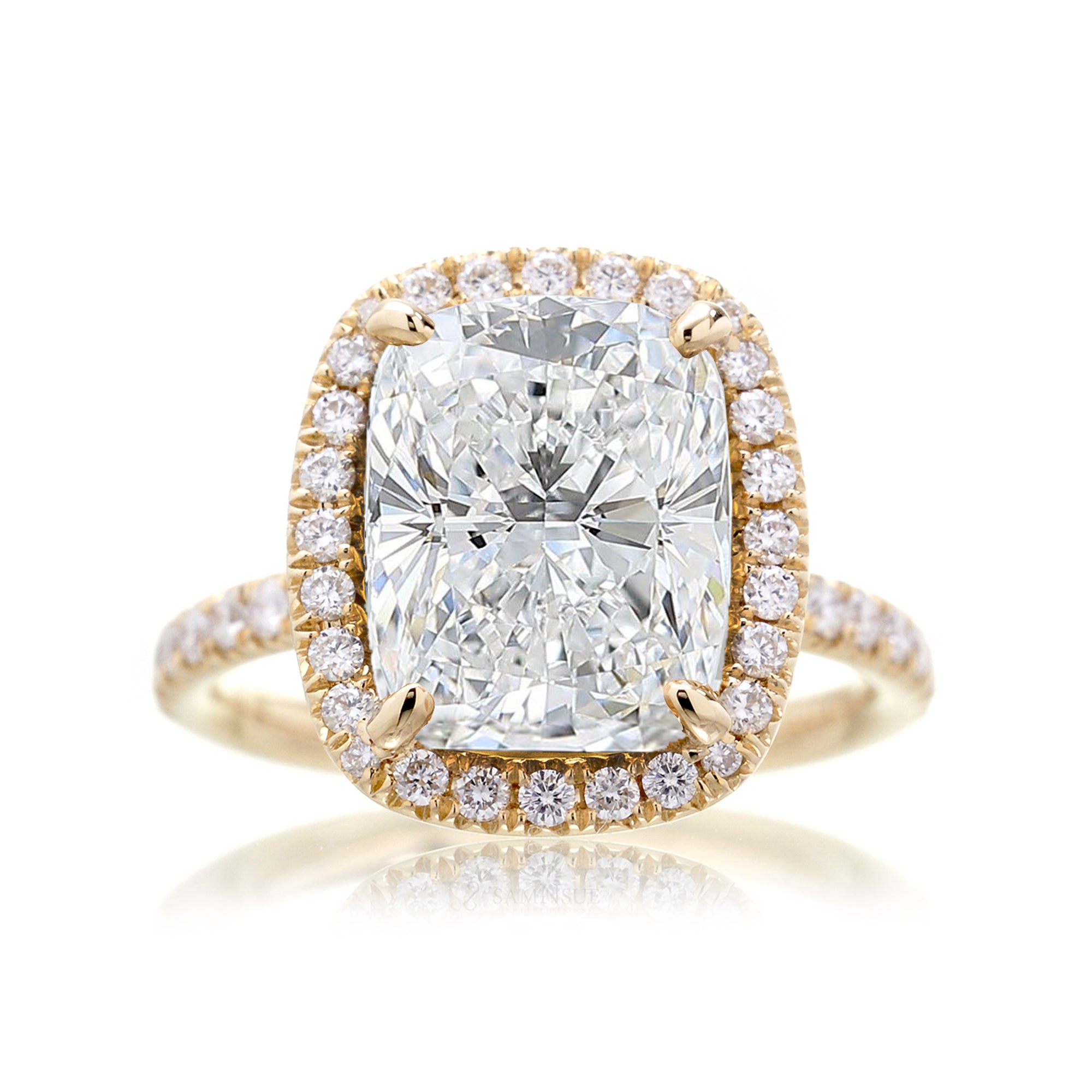 Cushion cut diamond engagement ring with halo The Drenched yellow gold