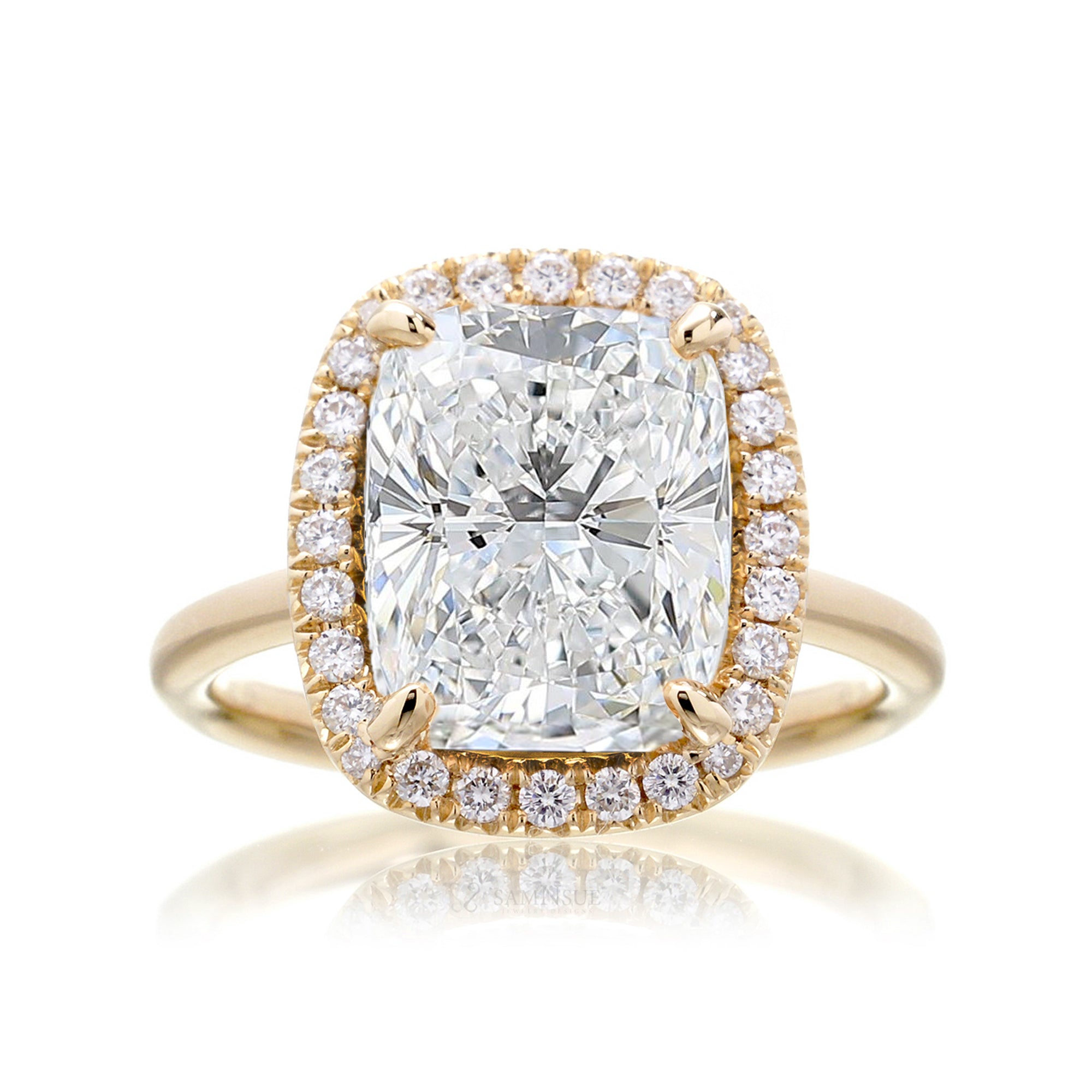Cushion cut diamond engagement ring with halo The Drenched yellow gold solid band
