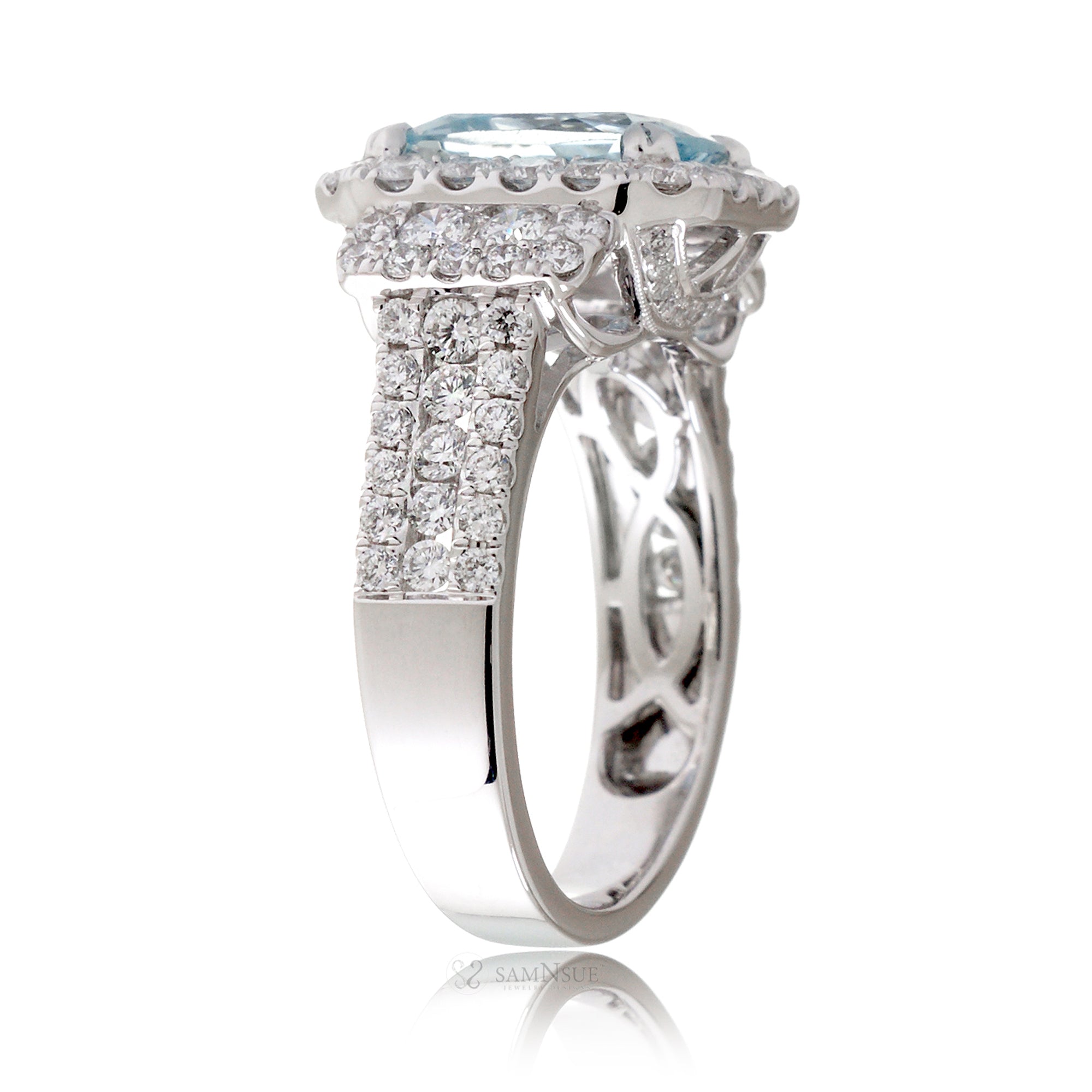 Emerald cut aquamarine with diamond halo and three stone bold wide setting engagement anniversary ring in white gold