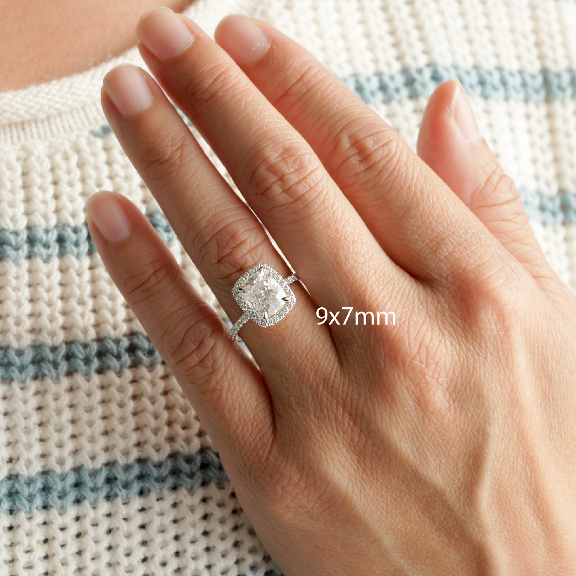 Cushion cut diamond engagement ring with halo The Drenched white gold 9x7mm