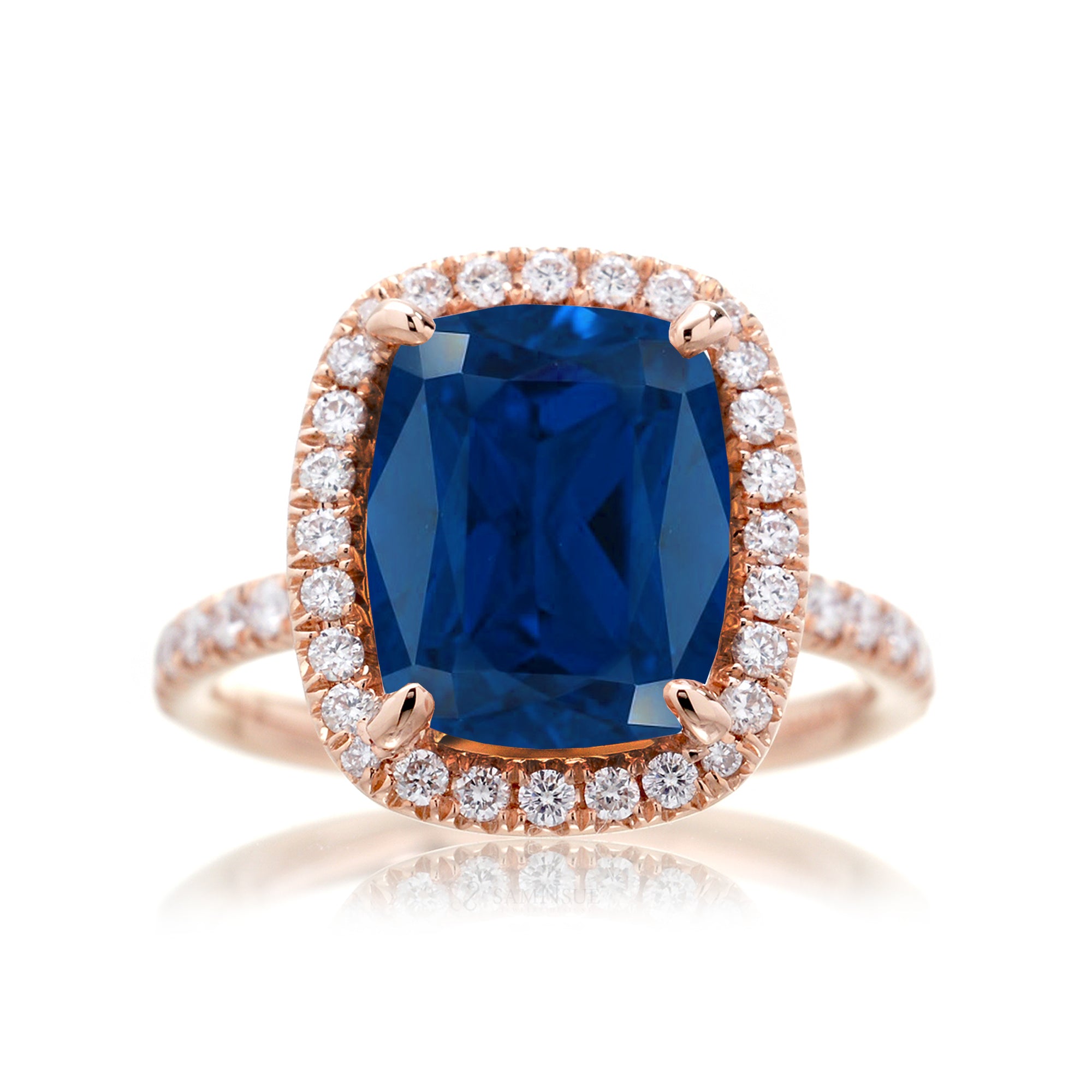 Blue sapphire ring with diamond halo The Drenched engagement rose gold