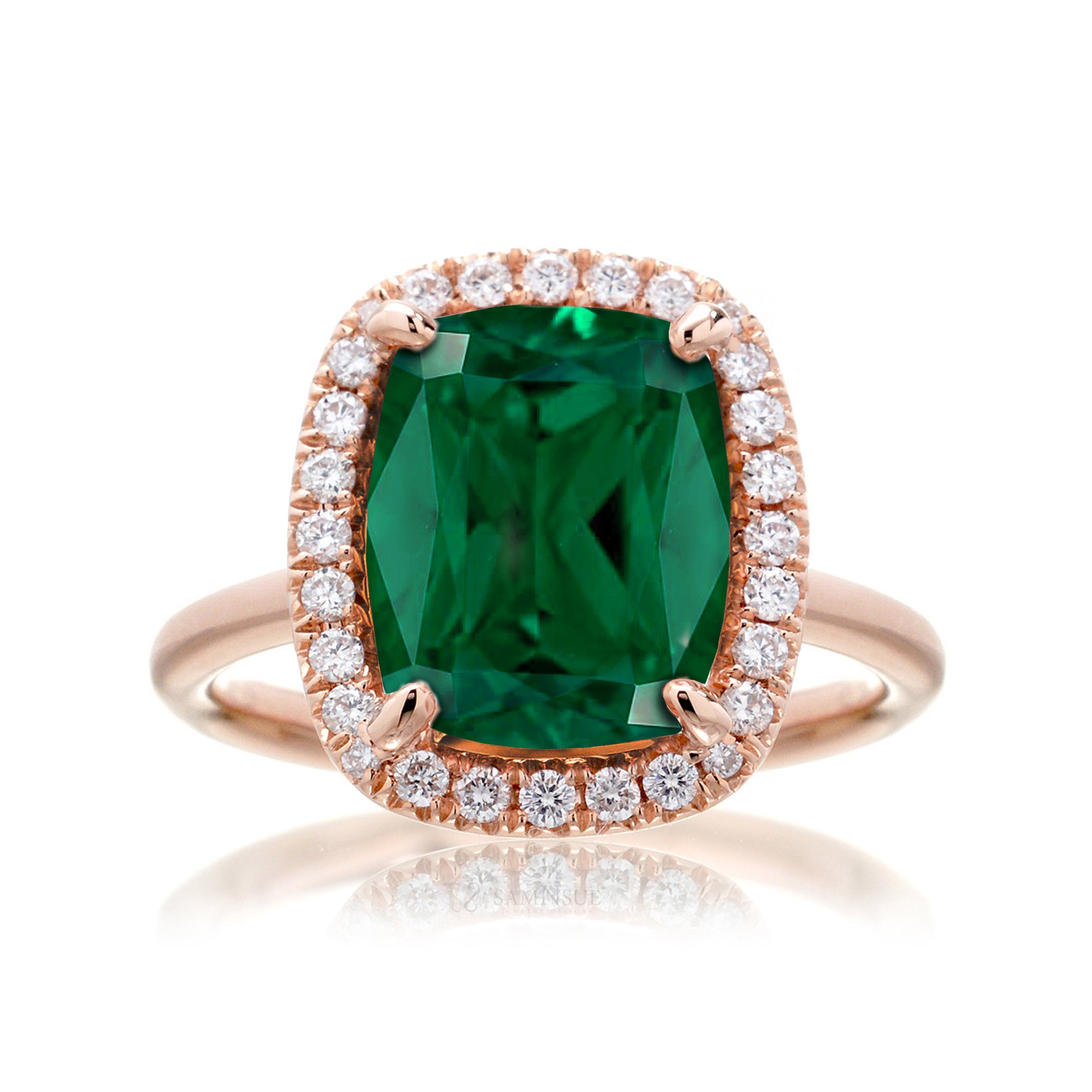 Cushion cut emerald engagement ring The Drenched rose gold solid band