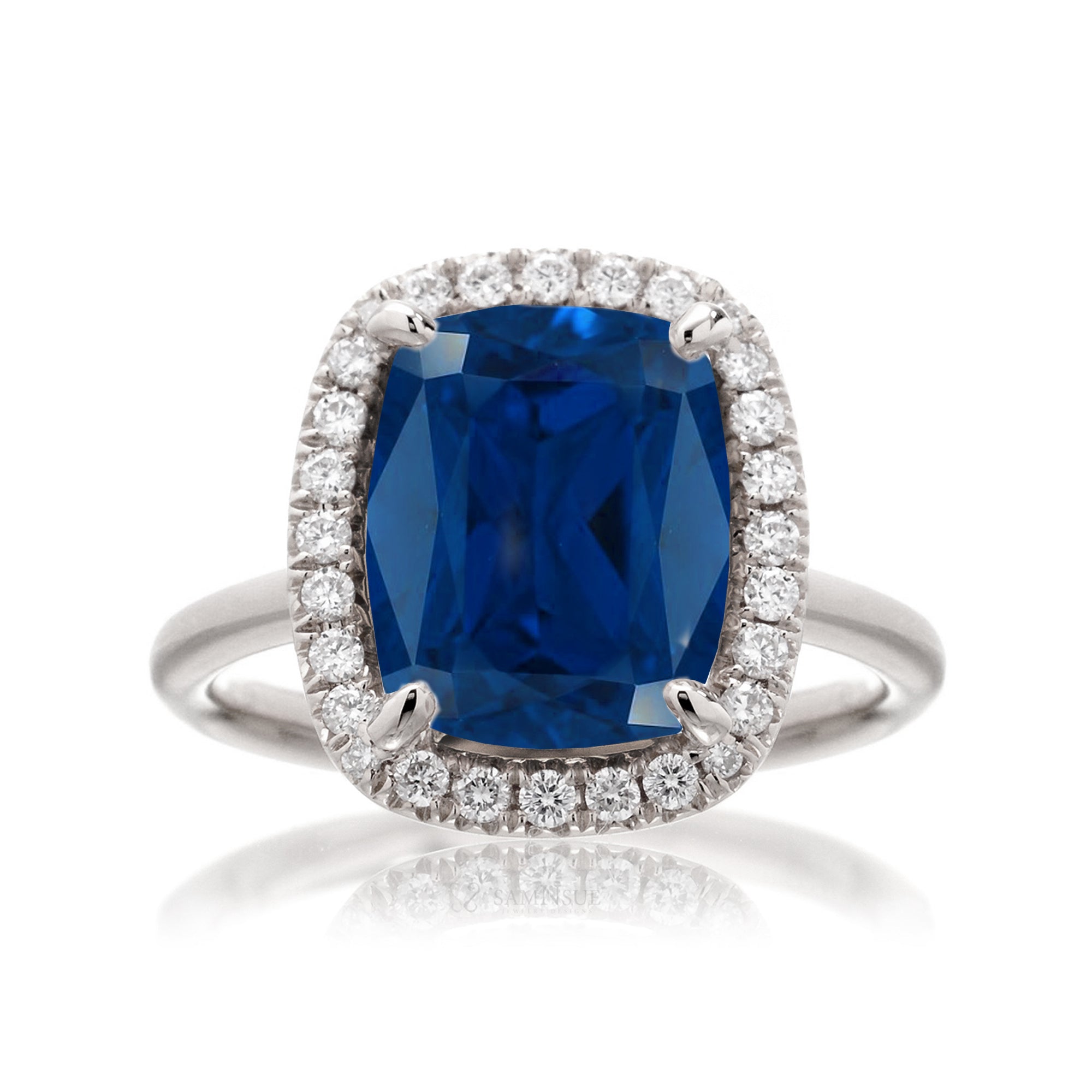 Blue sapphire ring with diamond halo The Drenched engagement white gold