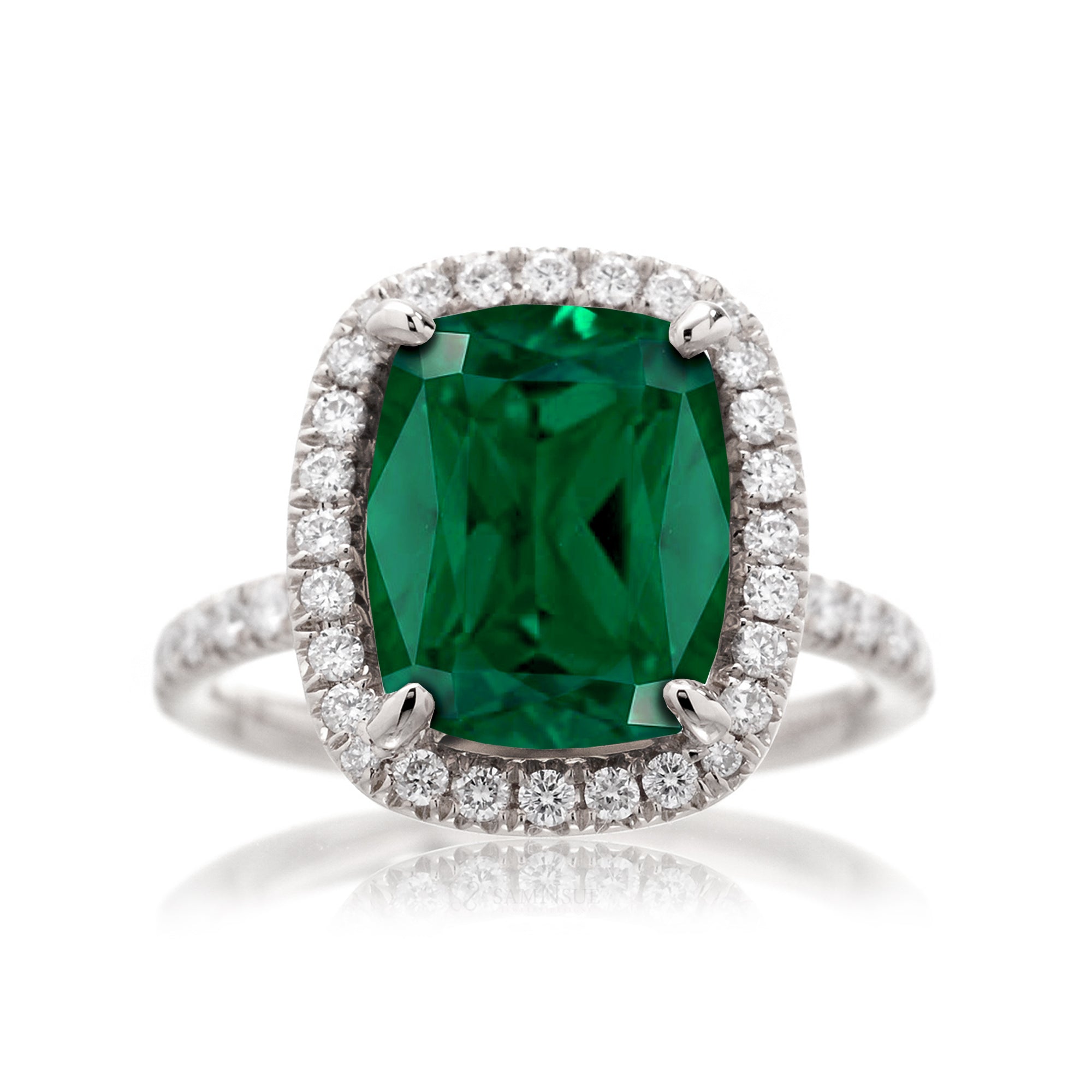 Cushion cut emerald engagement ring The Drenched white gold