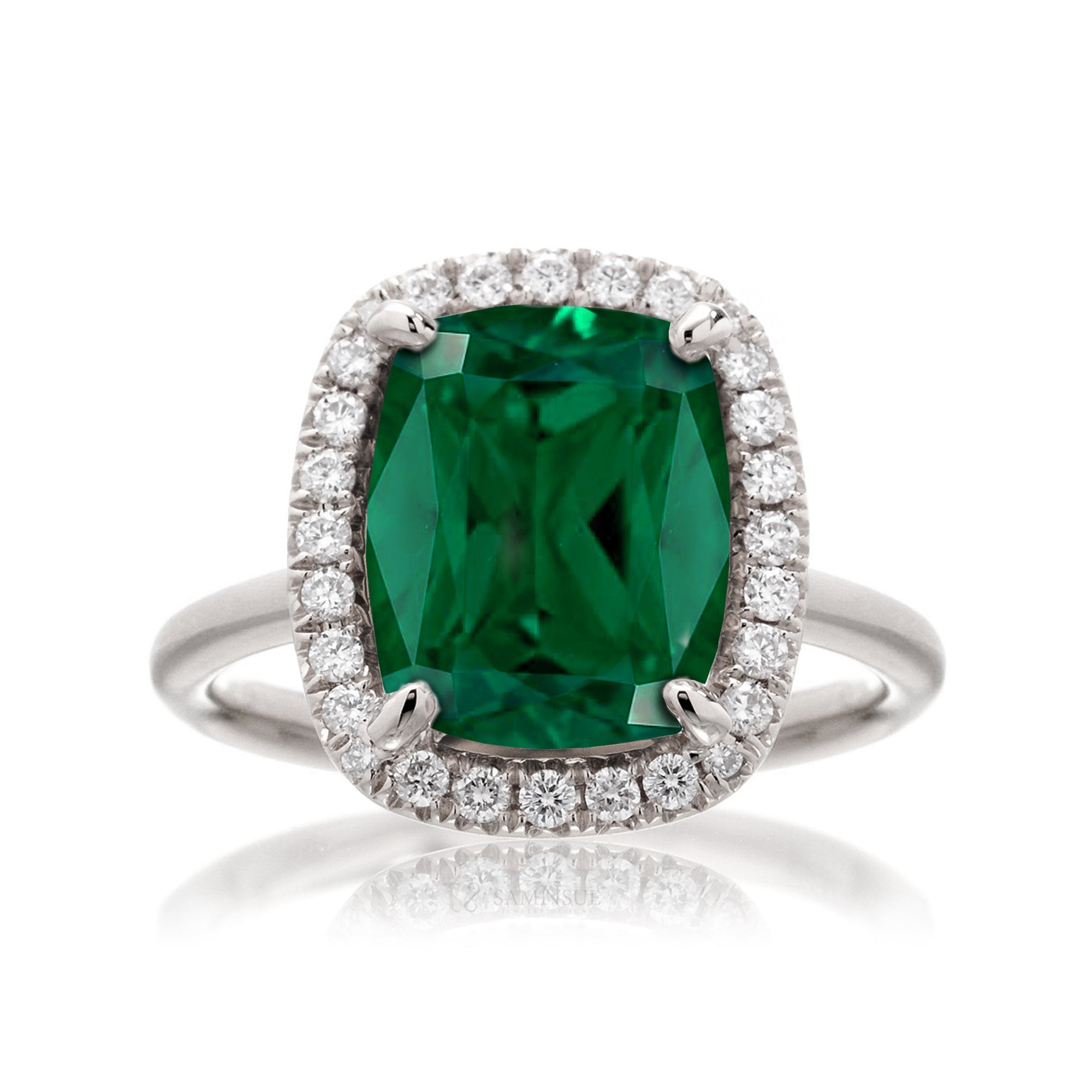 Cushion cut emerald engagement ring The Drenched white gold solid band