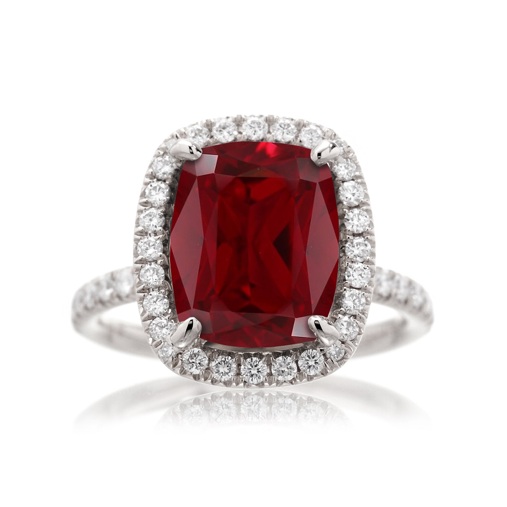 Ruby engagement ring with diamond halo The Drenched Cushion white gold