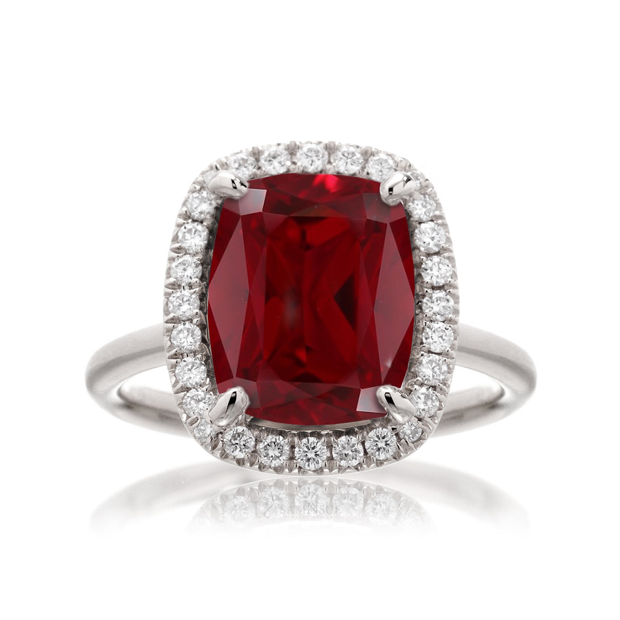 Ruby engagement ring with diamond halo The Drenched Cushion white gold solid band