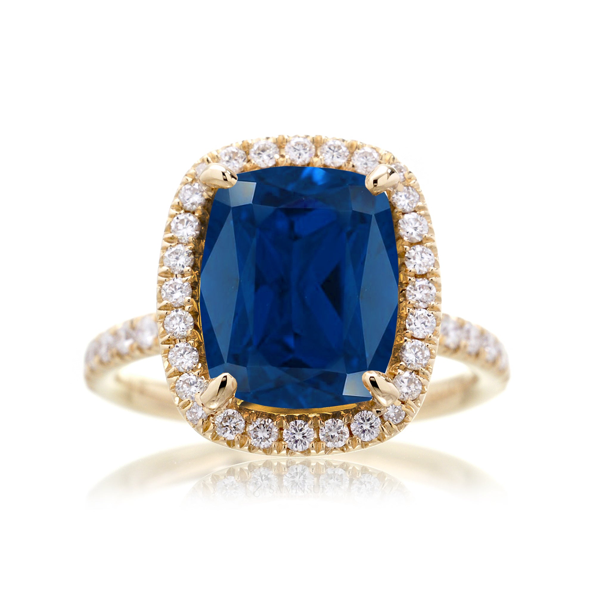 Blue sapphire ring with diamond halo The Drenched engagement yellow gold