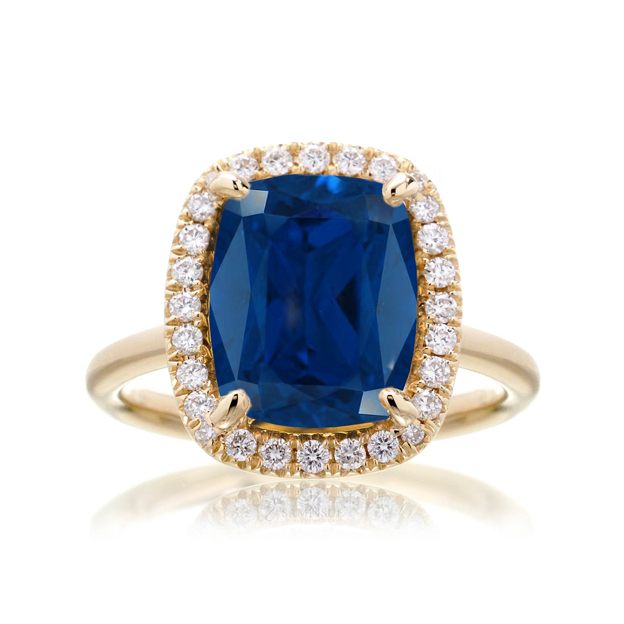 Blue sapphire ring with diamond halo The Drenched engagement yellow gold solid band