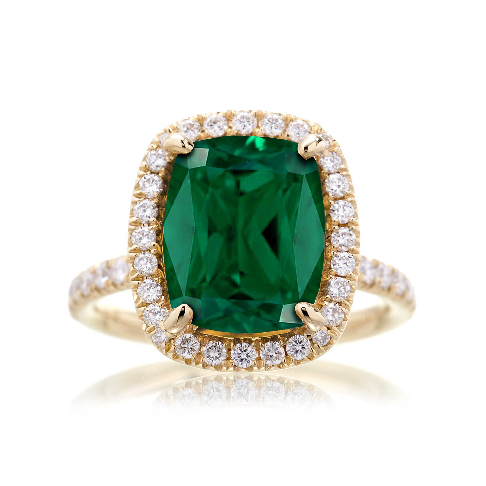 Cushion cut emerald engagement ring The Drenched yellow gold