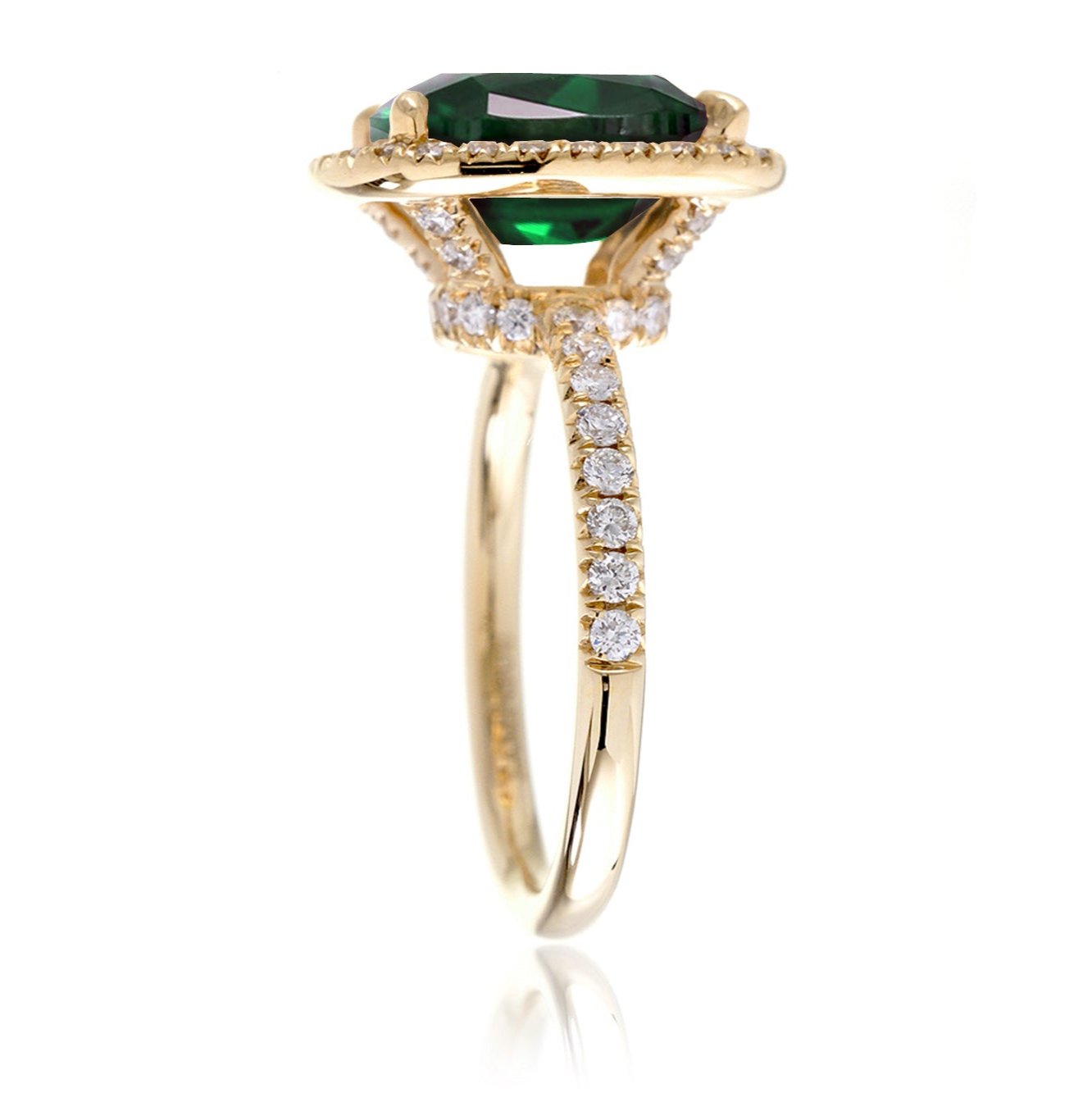 Cushion cut emerald engagement ring The Drenched yellow gold profile view
