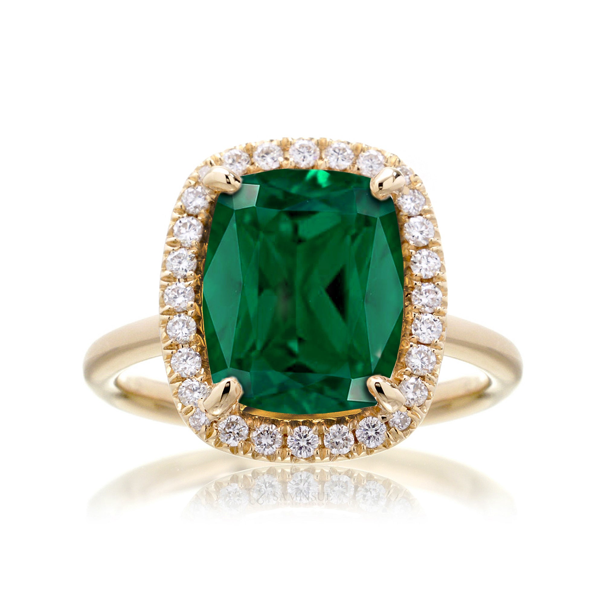 Cushion cut emerald engagement ring The Drenched yellow gold solid band
