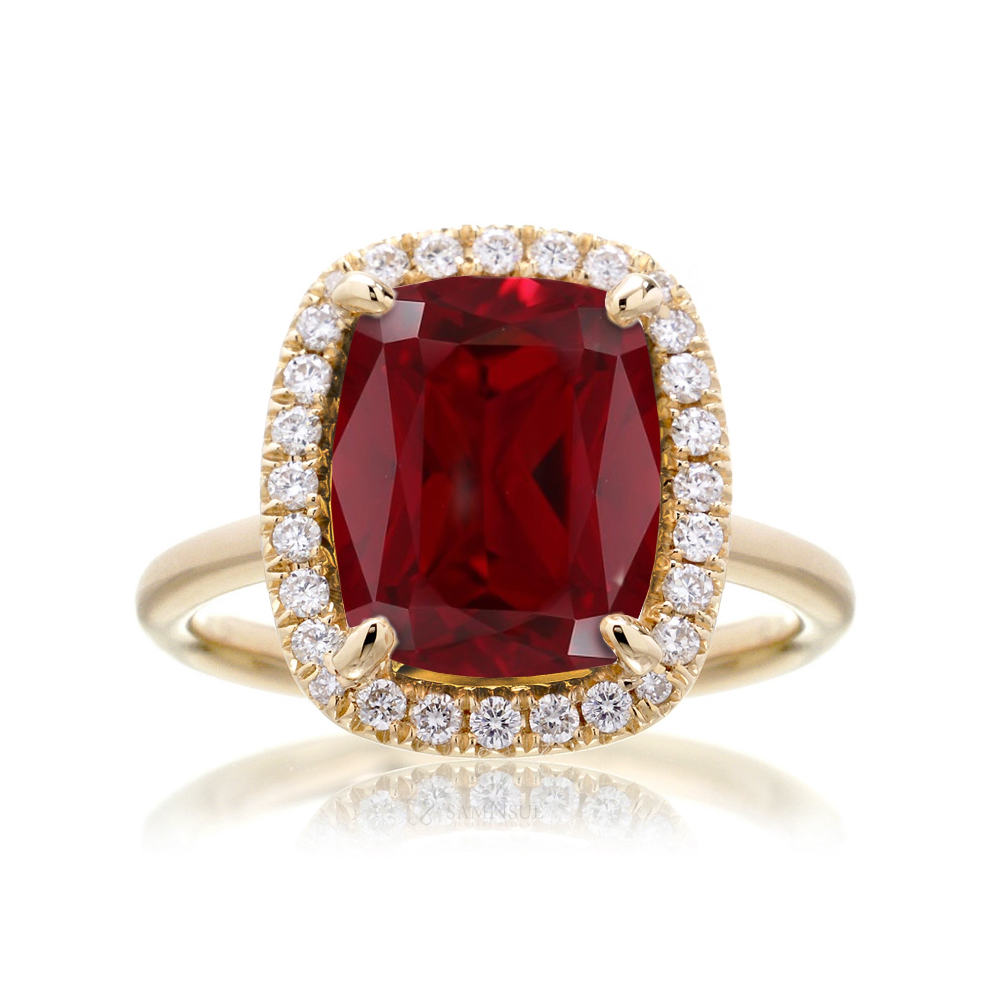 Ruby engagement ring with diamond halo The Drenched Cushion yellow gold solid band