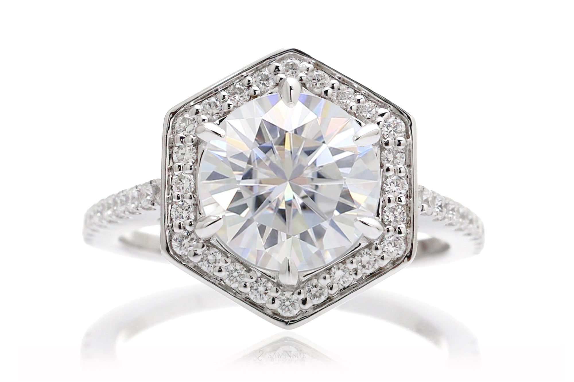 Hexagon Halo Round Moissanite Ring - The Steffy