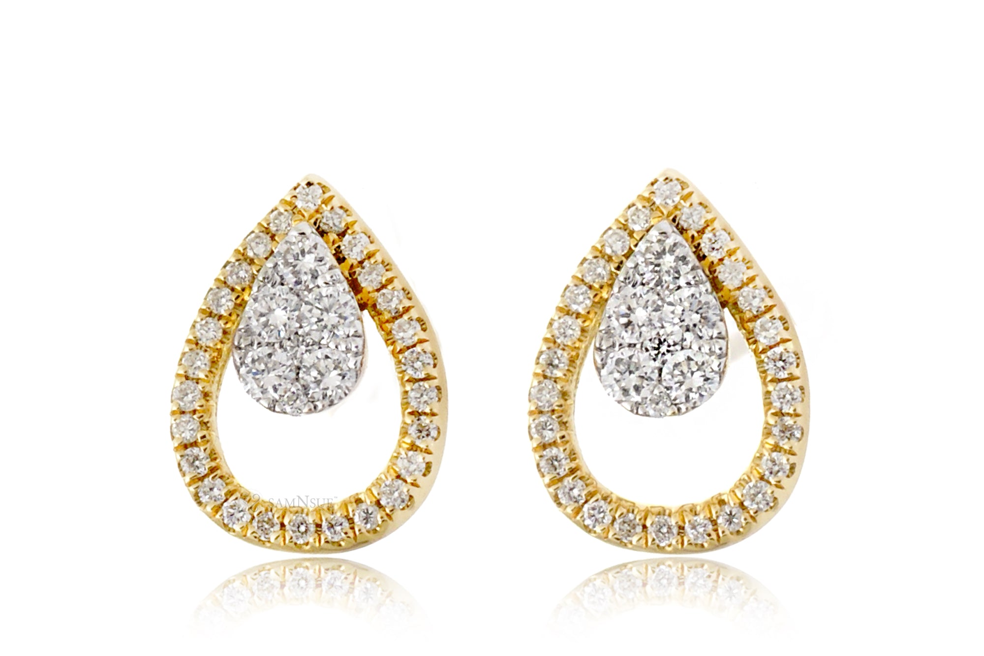 Pear Shape Diamond Teardrop Pave Halo Stud Earrings in Yellow Gold