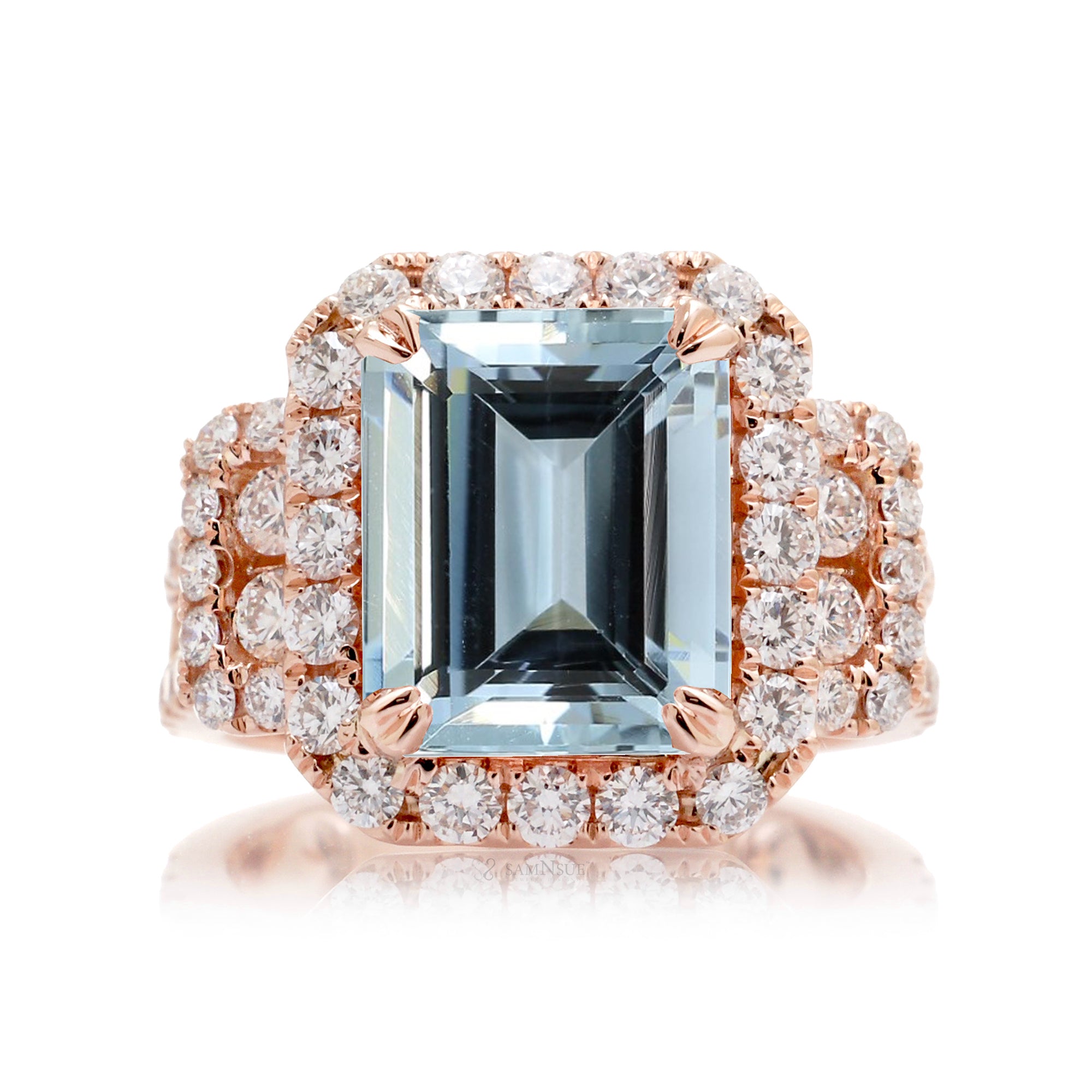 Emerald cut aquamarine with diamond halo and three stone bold wide setting engagement anniversary ring in rose gold