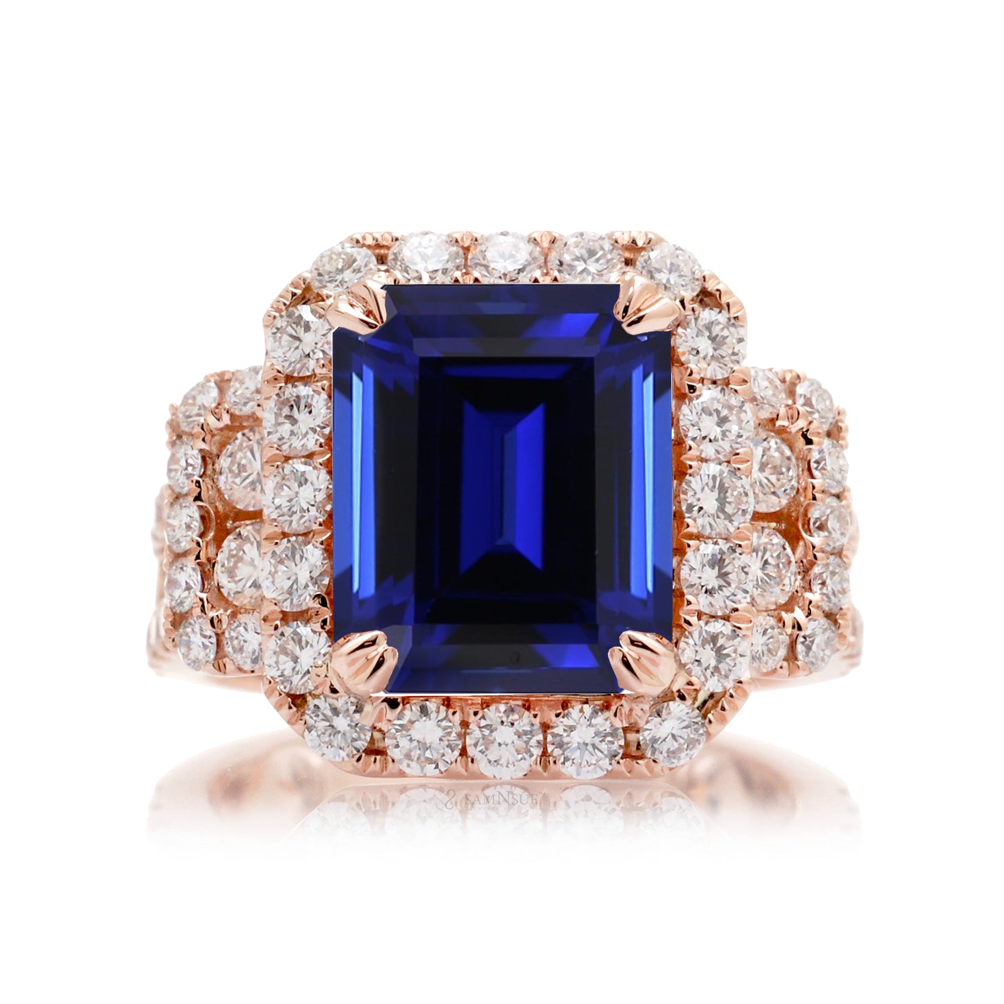Emerald-Cut Blue Sapphire Double Halo Diamond Ring in Rose Gold