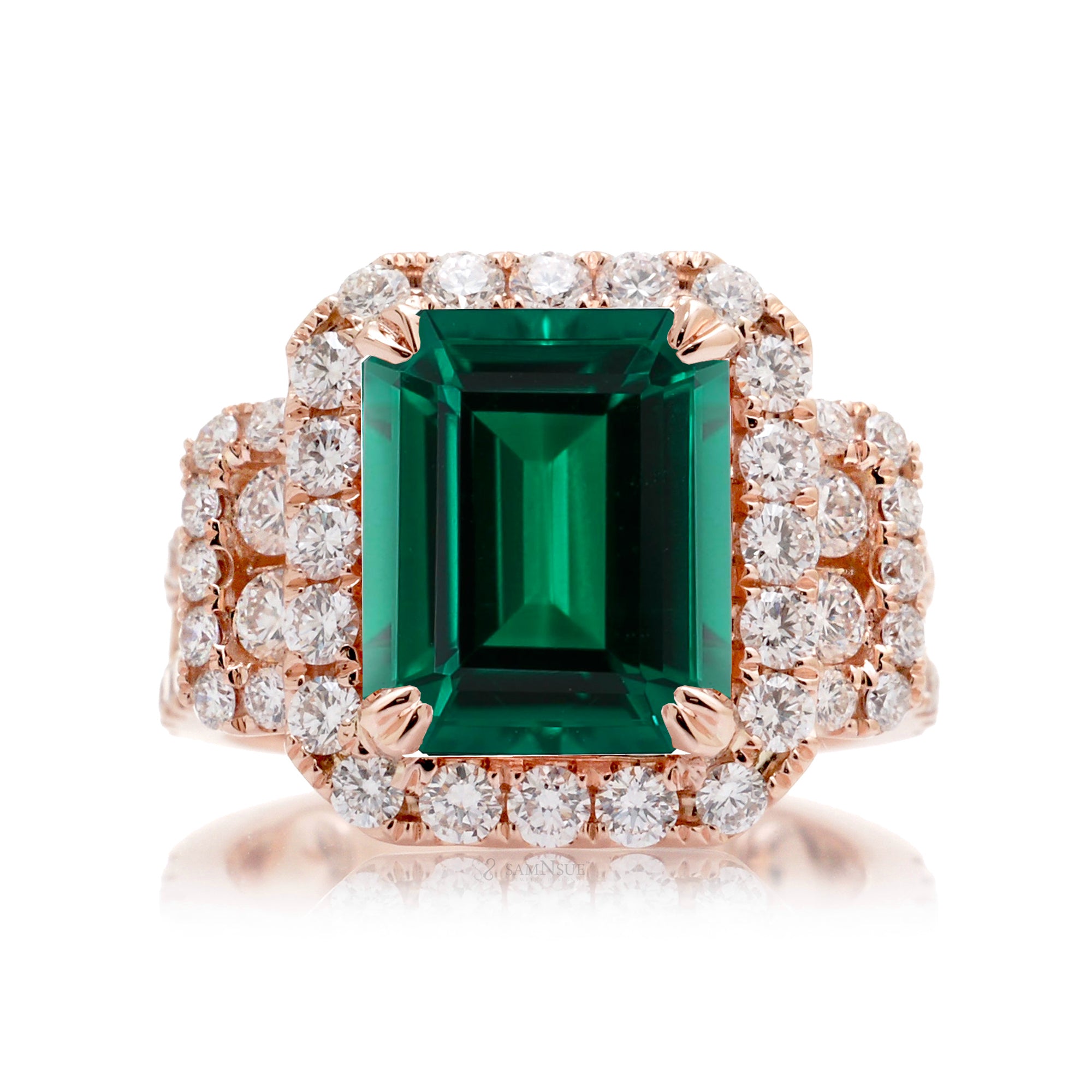 Emerald-Cut Emerald Double Halo Diamond Ring in Rose Gold