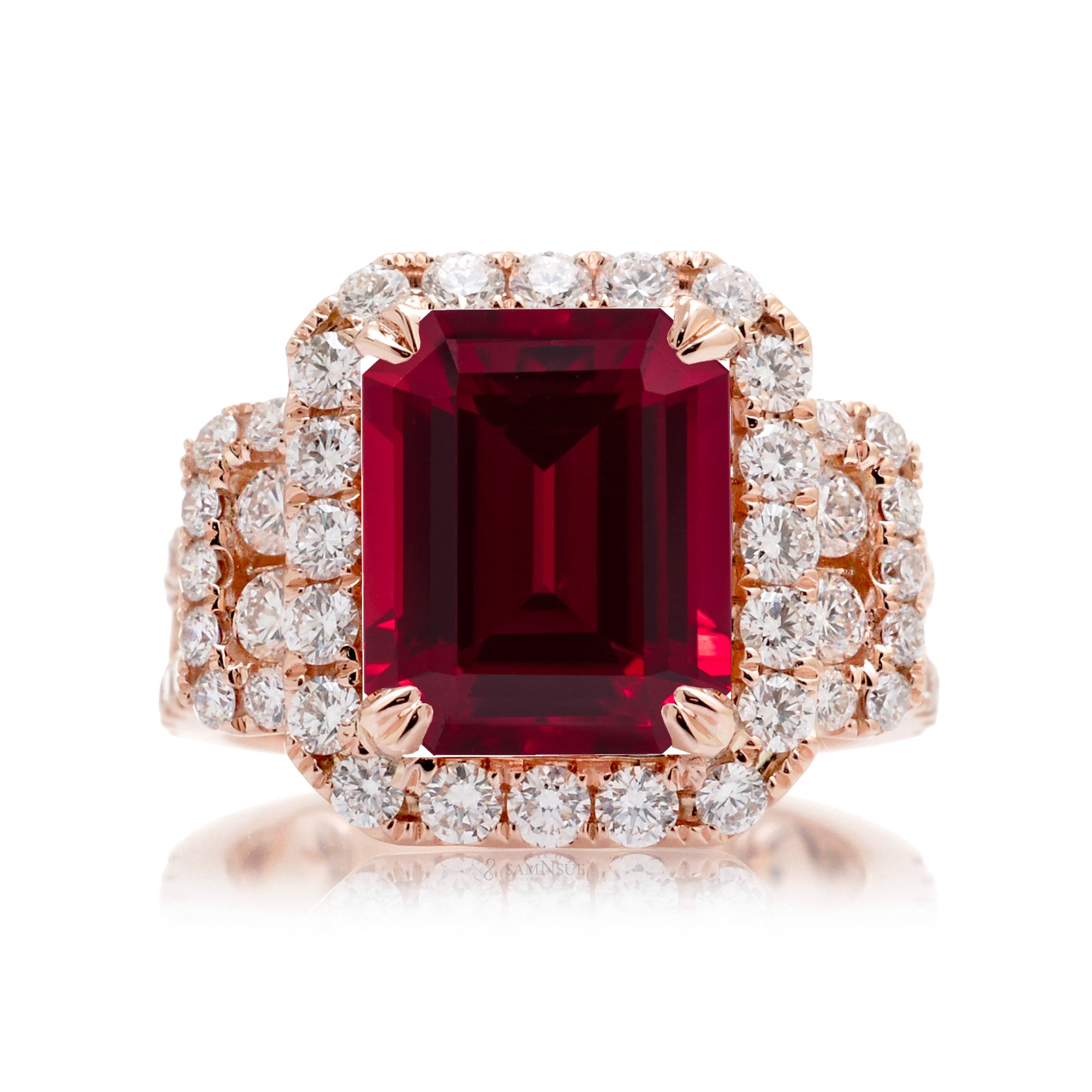 Triple Row Ruby and Diamond Statement Ring in Rose Gold