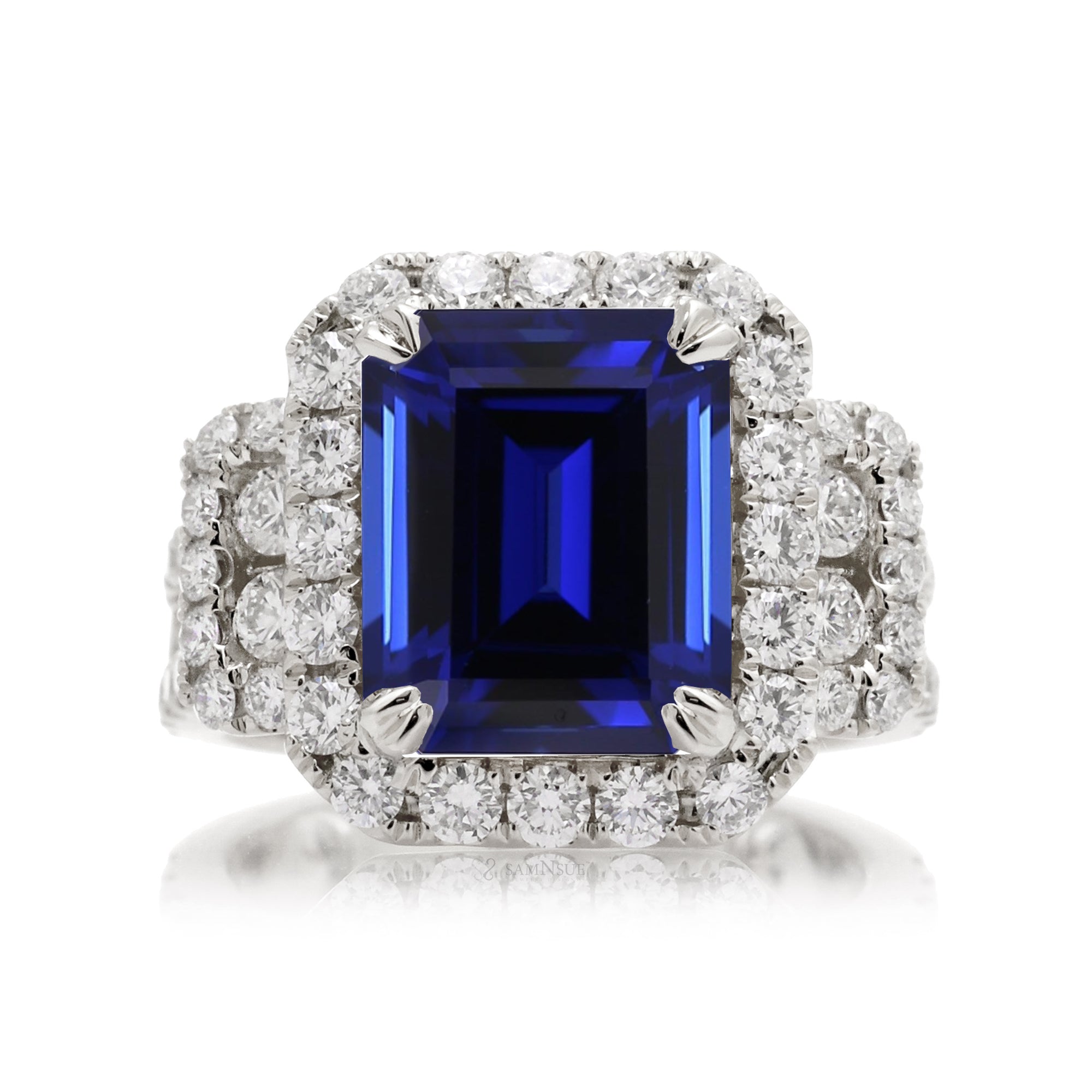 Emerald-Cut Blue Sapphire Double Halo Diamond Ring in White Gold
