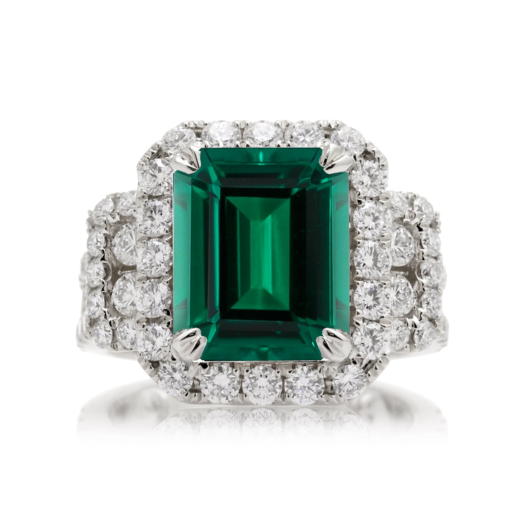 Emerald-Cut Emerald Double Halo Diamond Ring in White Gold