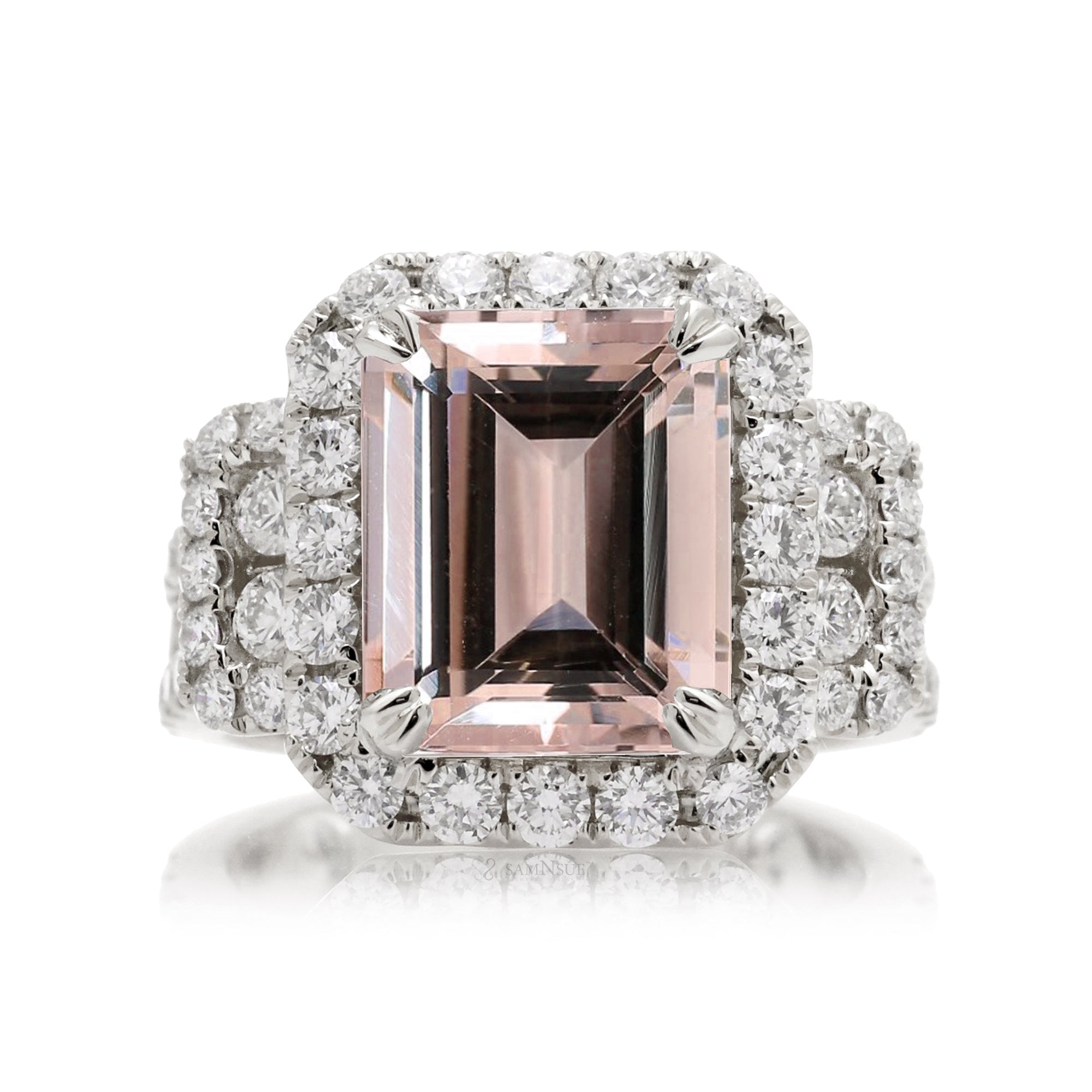 Emerald-Cut Morganite Double Halo Diamond Ring in White Gold