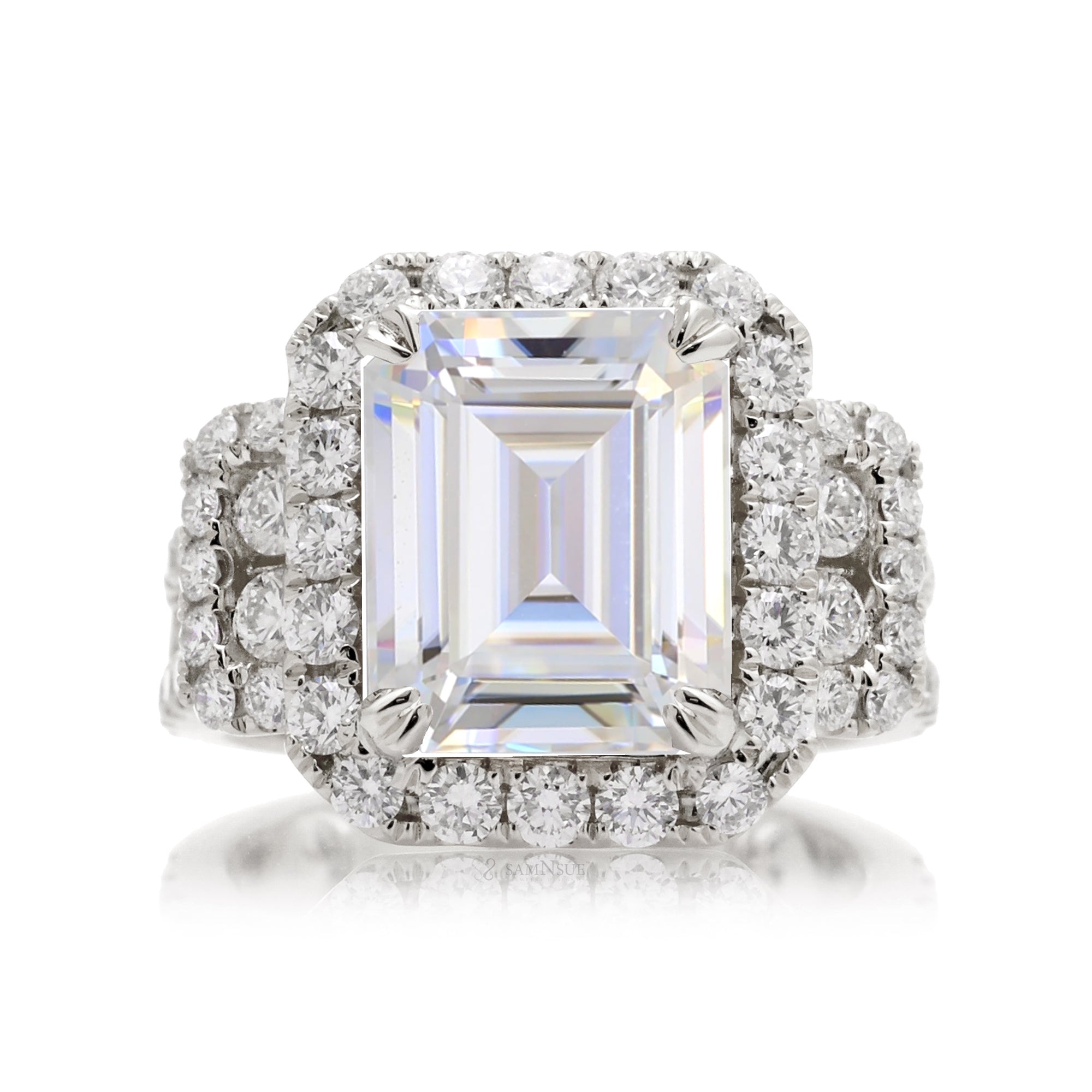 Moissanite Engagement Ring with Diamond Halo in White Gold
