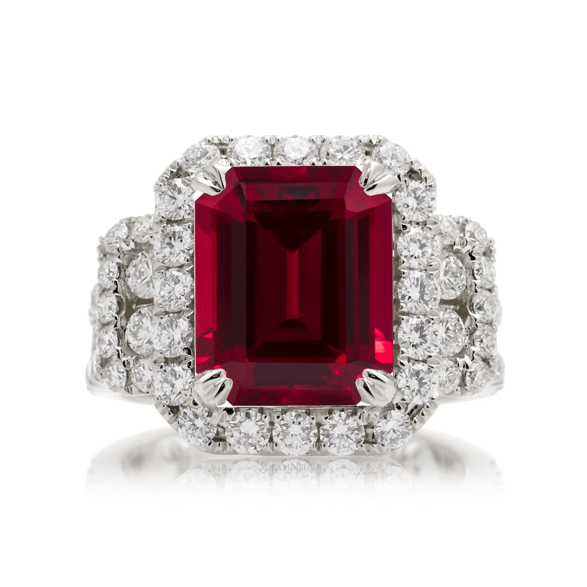 Bold Ruby Engagement Ring with Diamond Halo in White Gold