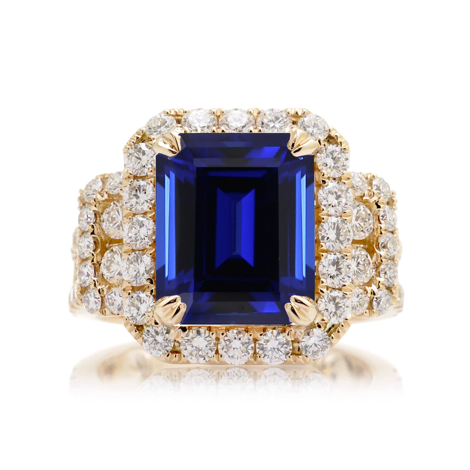Emerald-Cut Blue Sapphire Double Halo Diamond Ring in Yellow Gold