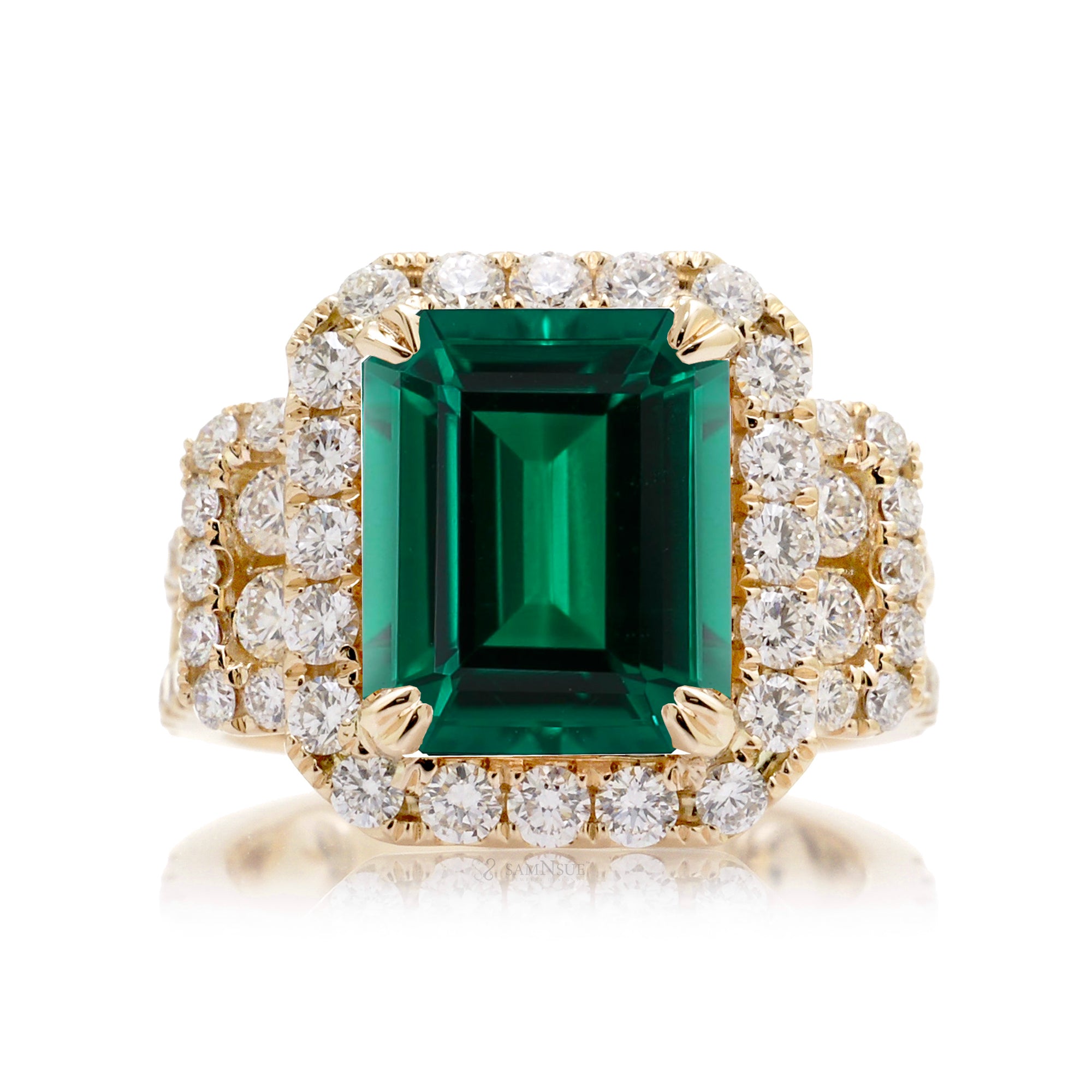 Emerald-Cut Emerald Double Halo Diamond Ring in Yellow Gold